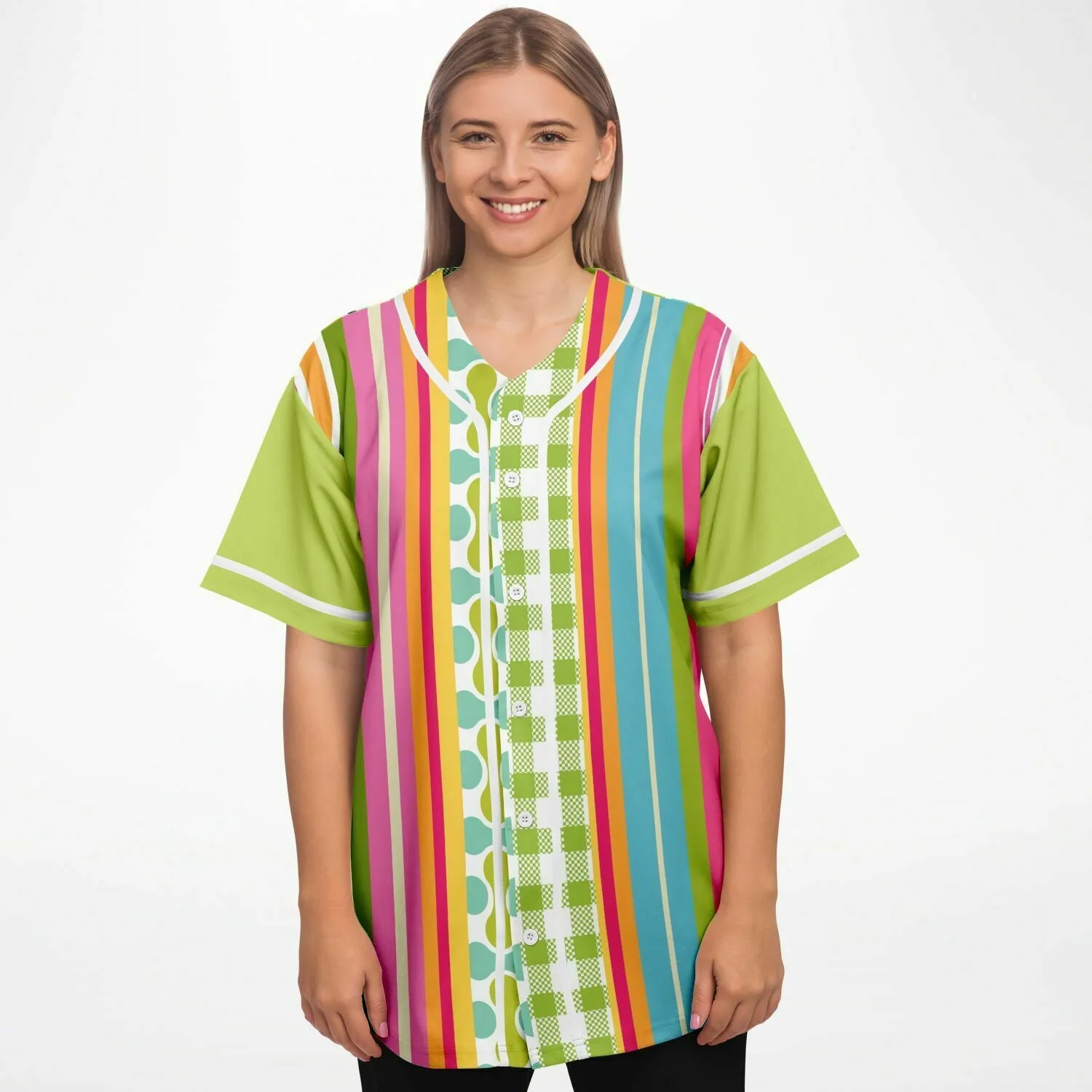 Green Anjou Pear Striped Patchwork Button Front Jersey