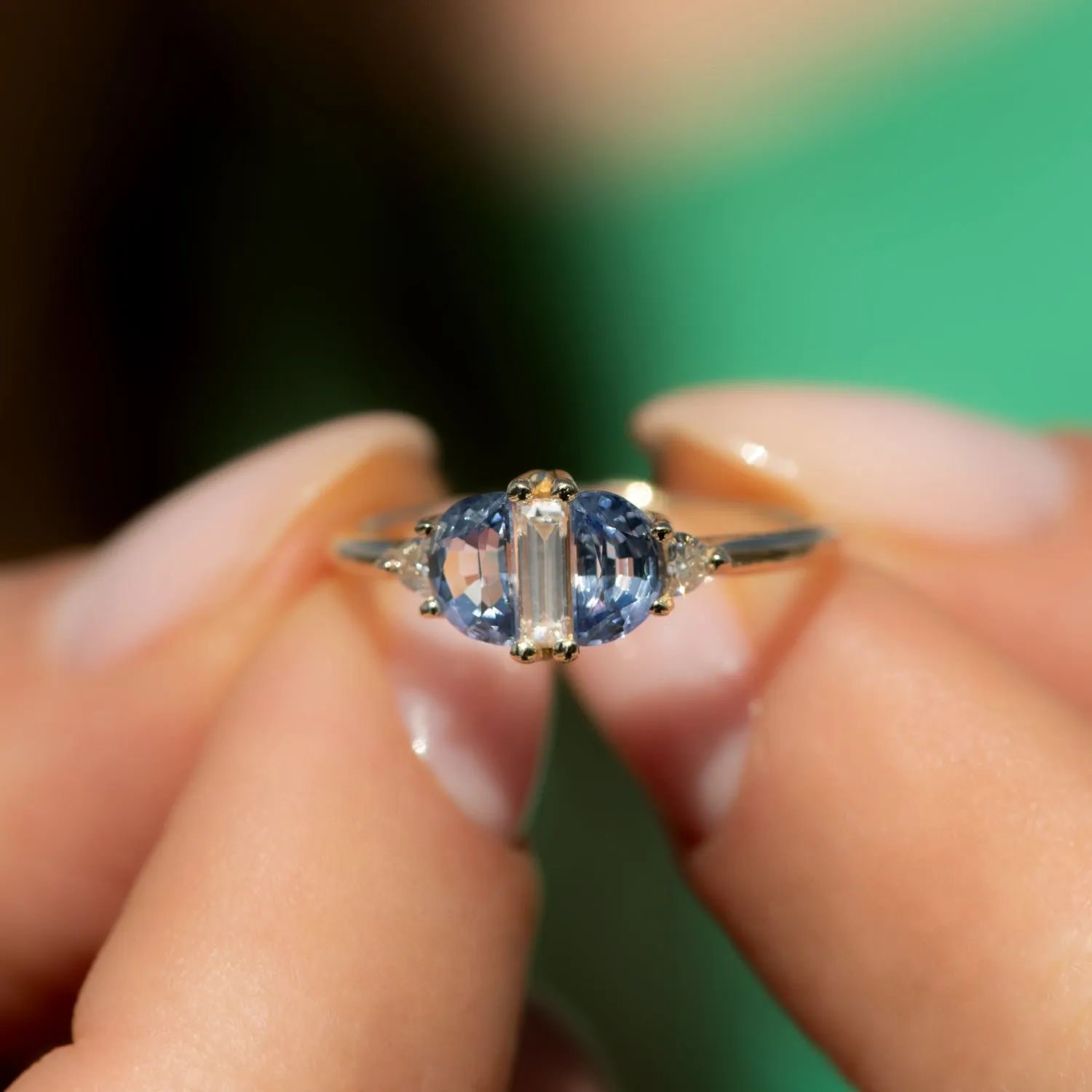 Half Moon Sapphire Engagement Ring with Baguette Cut Diamond