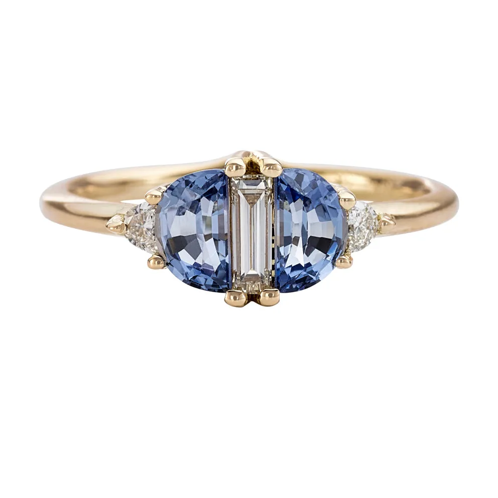 Half Moon Sapphire Engagement Ring with Baguette Cut Diamond