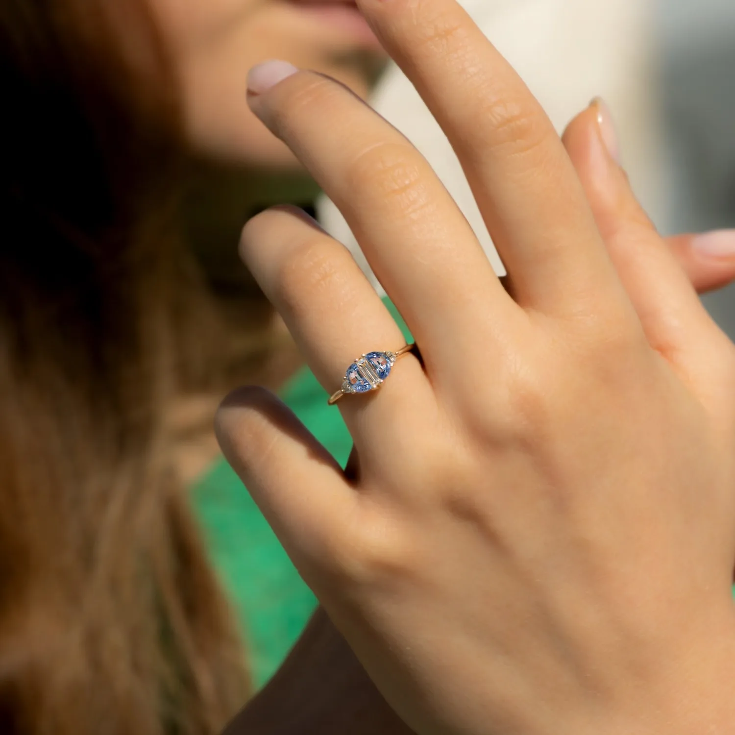 Half Moon Sapphire Engagement Ring with Baguette Cut Diamond