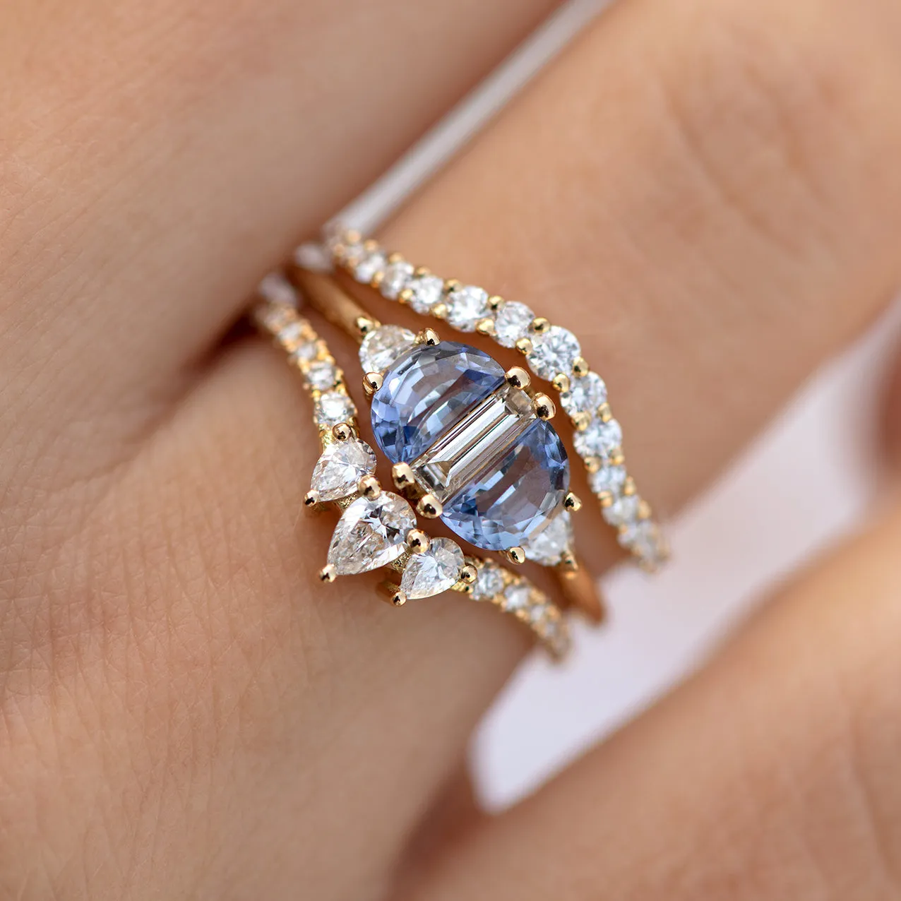 Half Moon Sapphire Engagement Ring with Baguette Cut Diamond