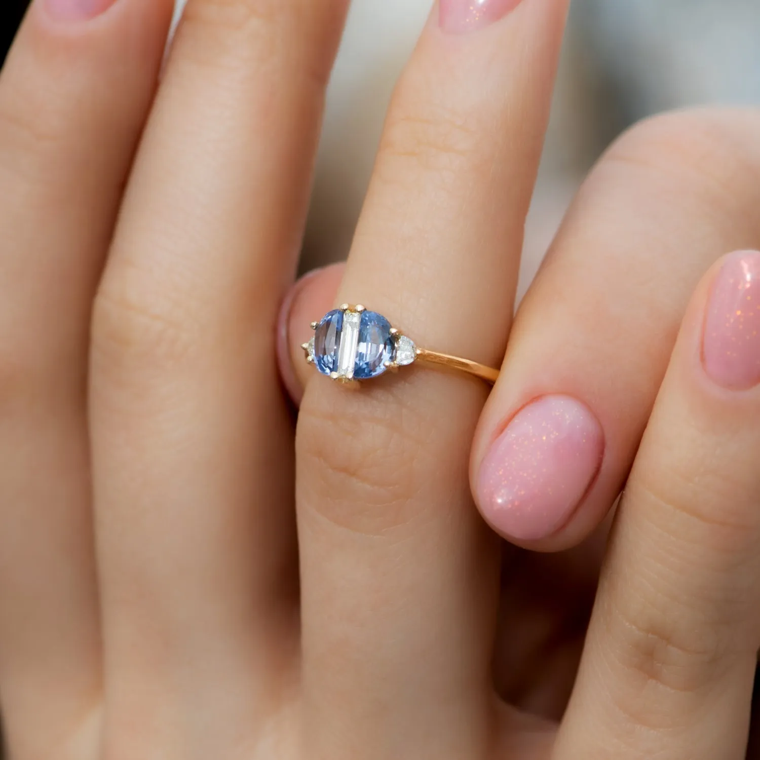 Half Moon Sapphire Engagement Ring with Baguette Cut Diamond