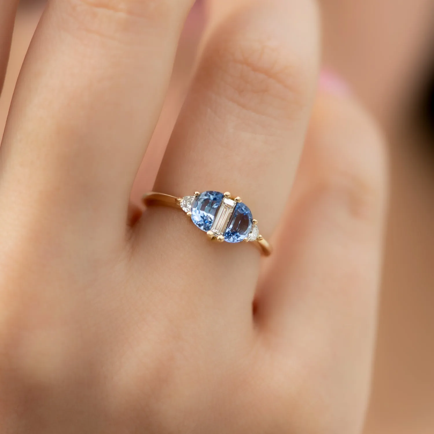 Half Moon Sapphire Engagement Ring with Baguette Cut Diamond