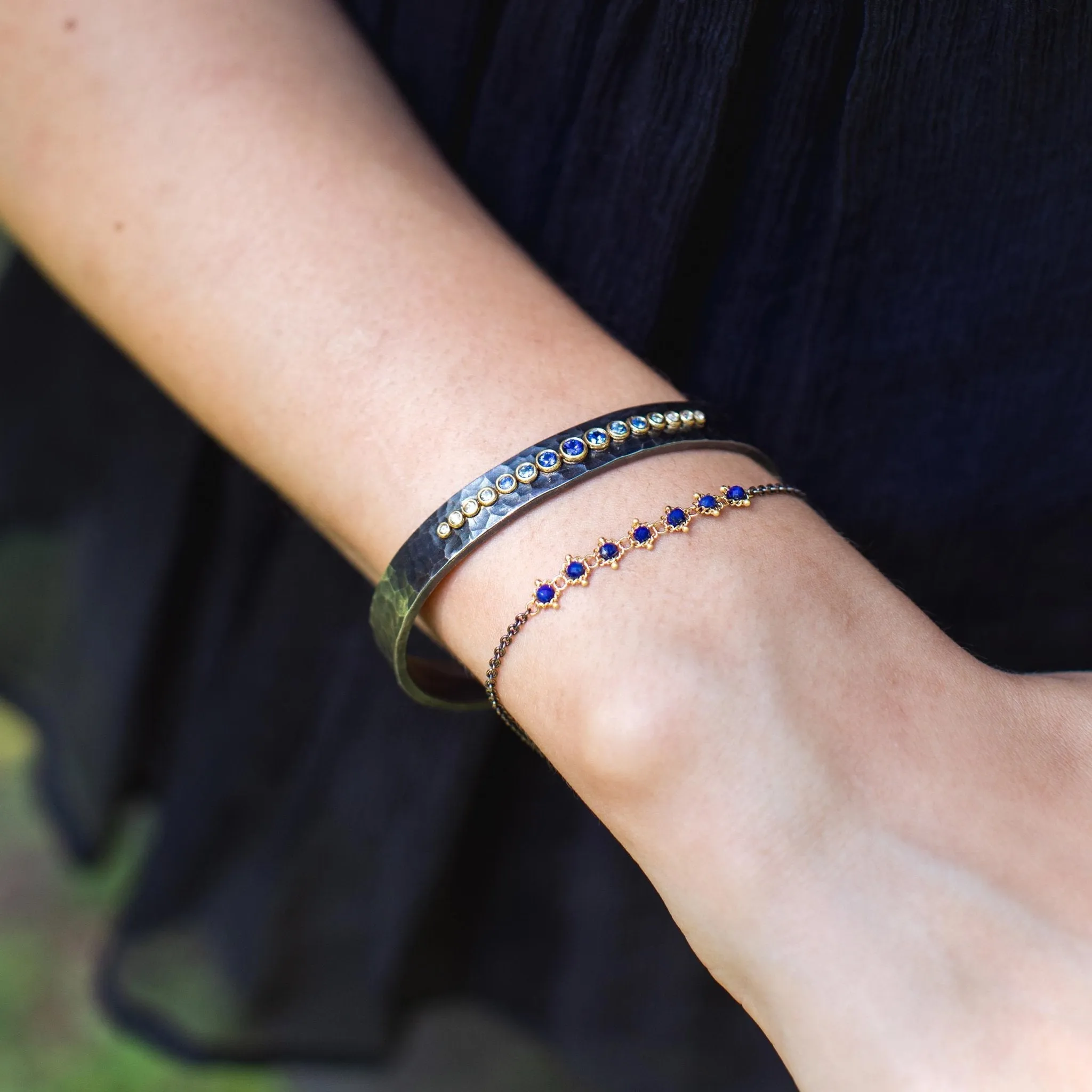 Hammered Blackened Silver Cuff with Ombre Blue Sapphires