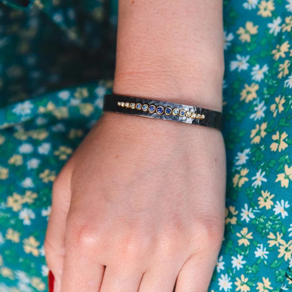 Hammered Blackened Silver Cuff with Ombre Blue Sapphires