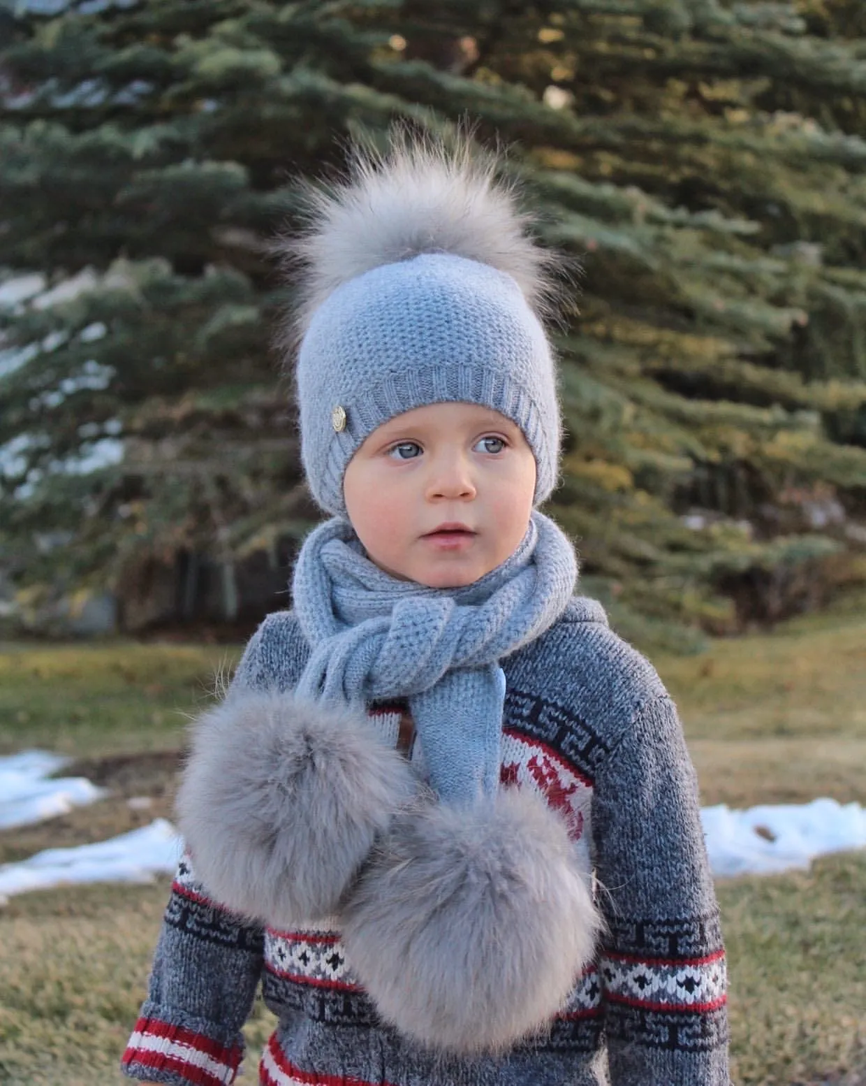 Honeycomb Grey Cashmere Pom Scarf