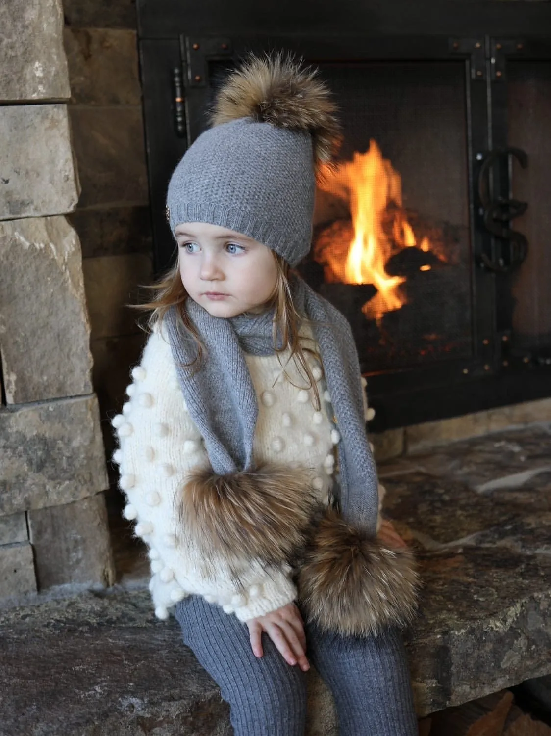 Honeycomb Grey Cashmere Pom Scarf