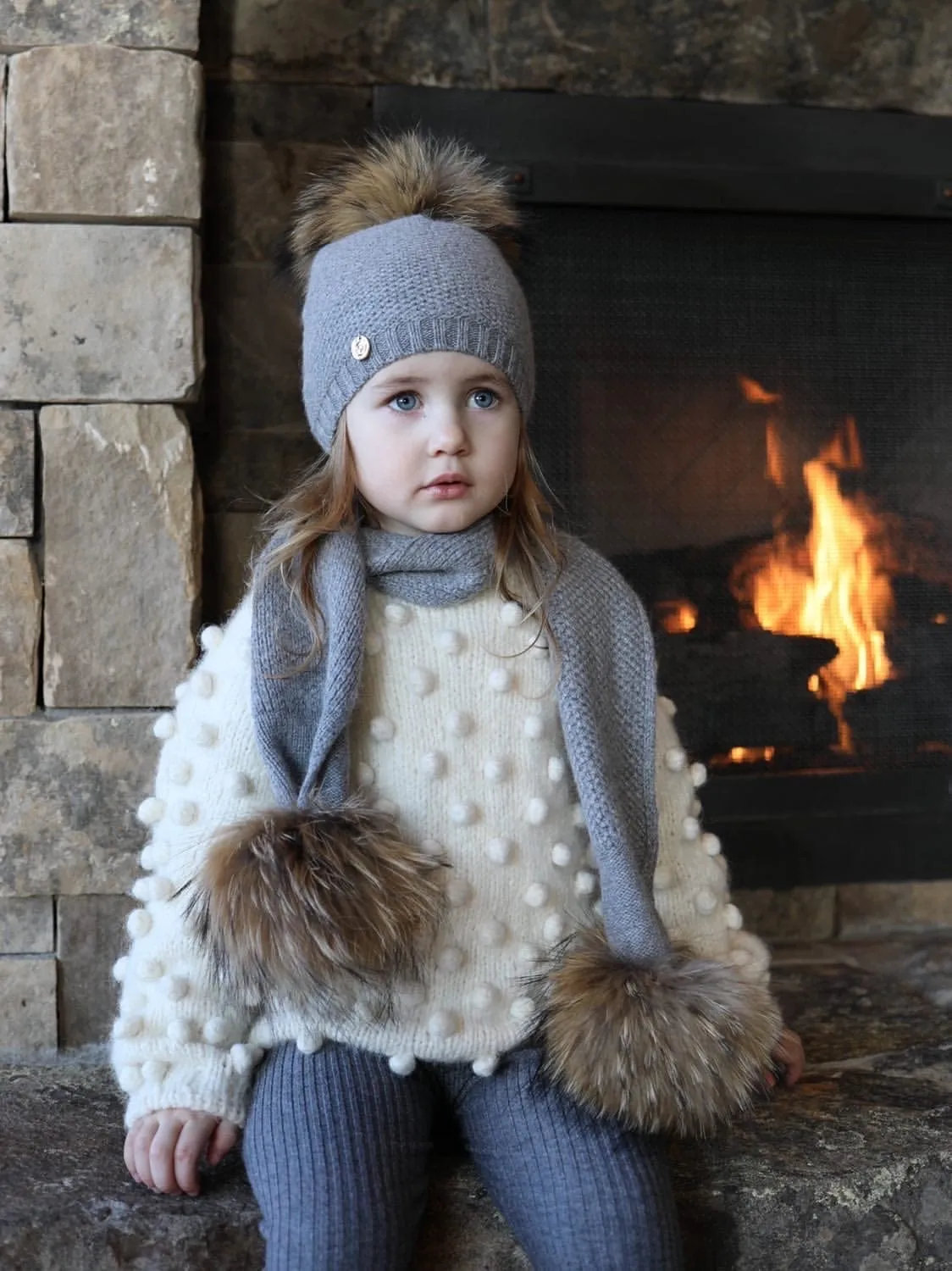 Honeycomb Grey Cashmere Pom Scarf