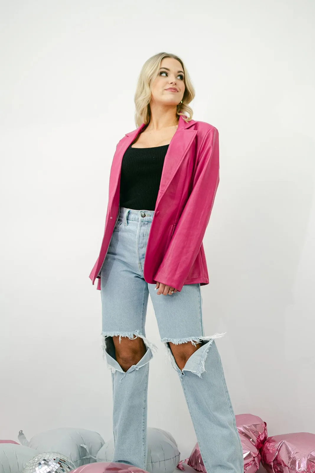 Hot Pink Faux Leather Blazer