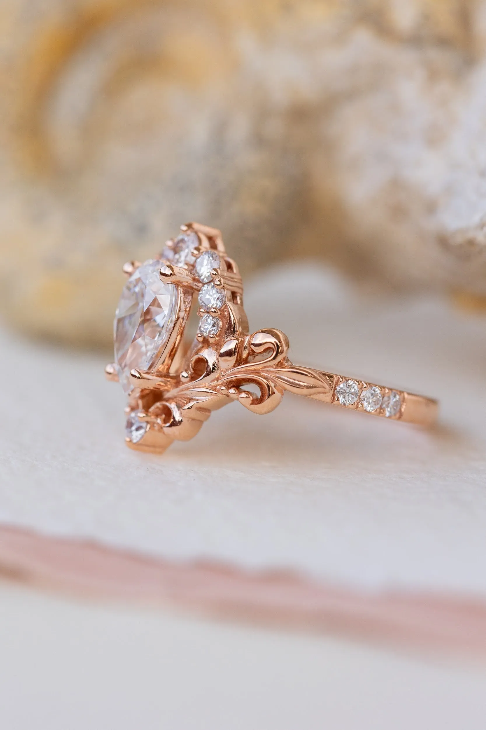 Lab grown diamond engagement ring, nature inspired  rose gold ring with diamond halo / Sophie