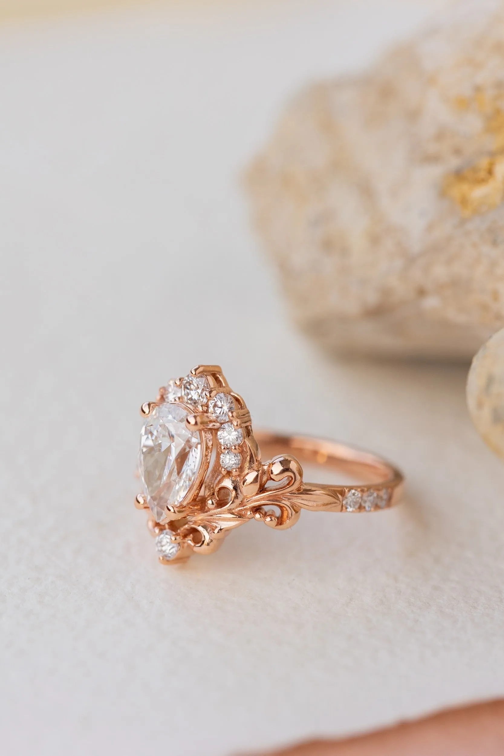 Lab grown diamond engagement ring, nature inspired  rose gold ring with diamond halo / Sophie