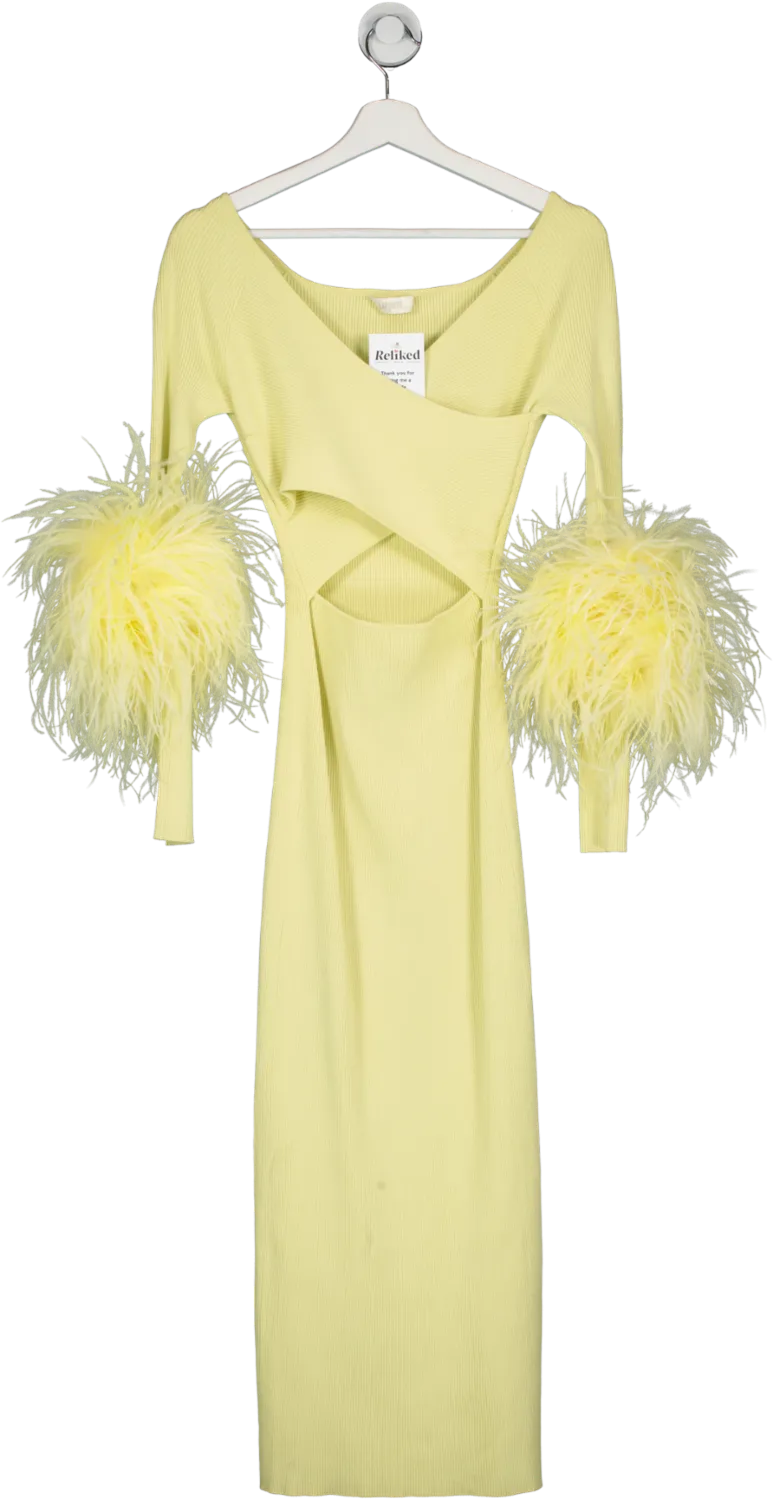 Lapointe Yellow Ribbed Cut Out Maxi Dress With Feather Trim UK XS