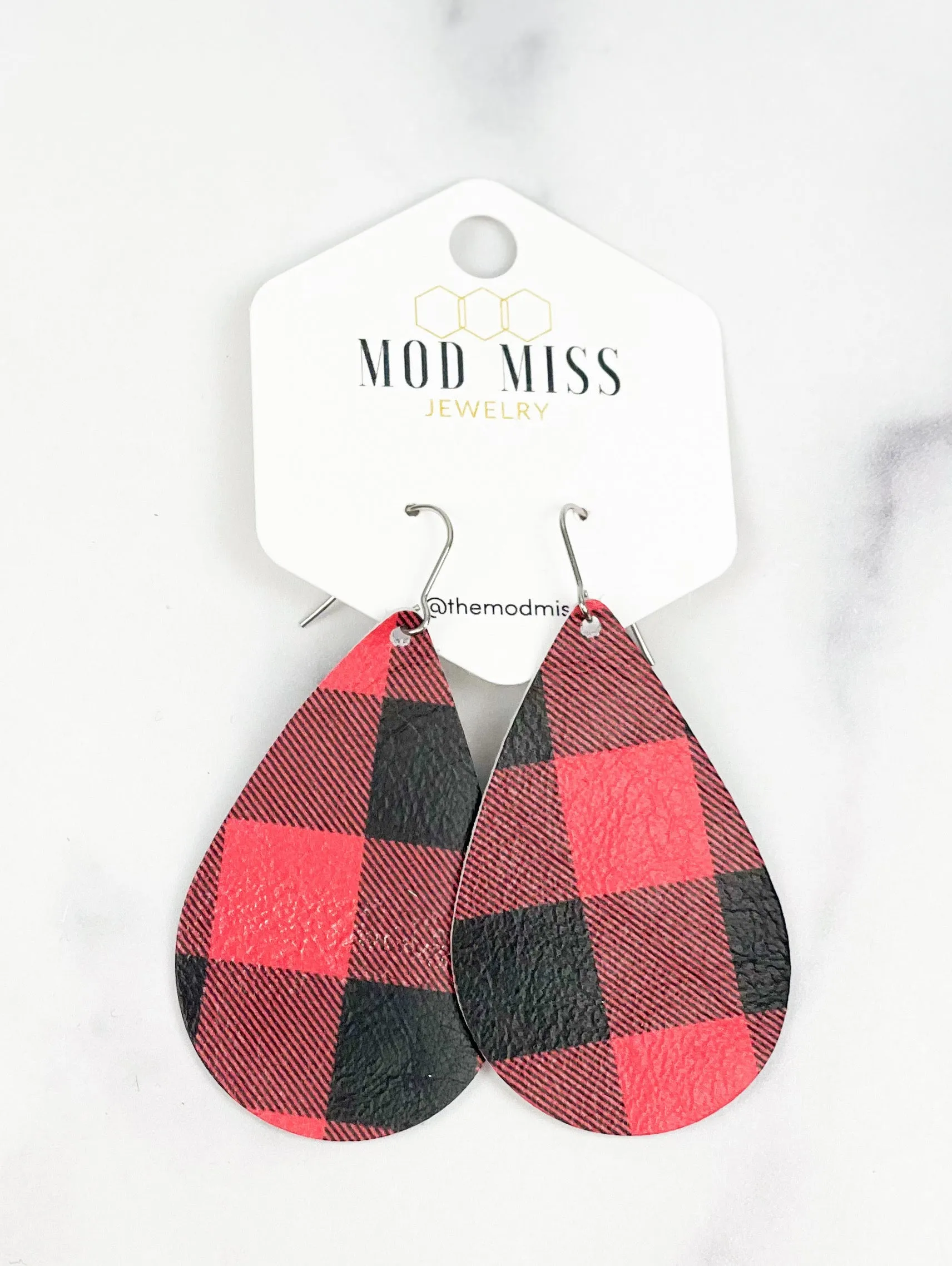 Leather Teardrop Earring Buffalo Plaid Red 