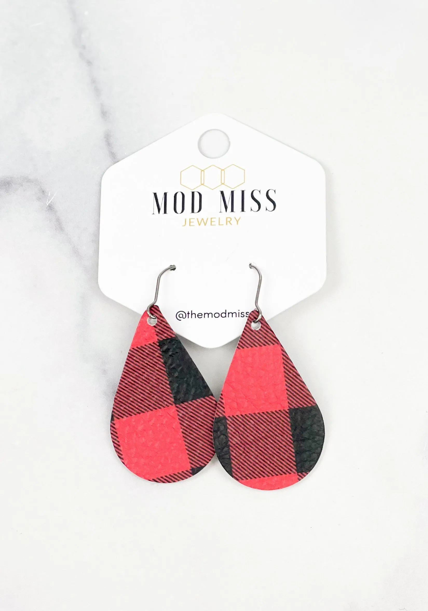 Leather Teardrop Earring Buffalo Plaid Red 