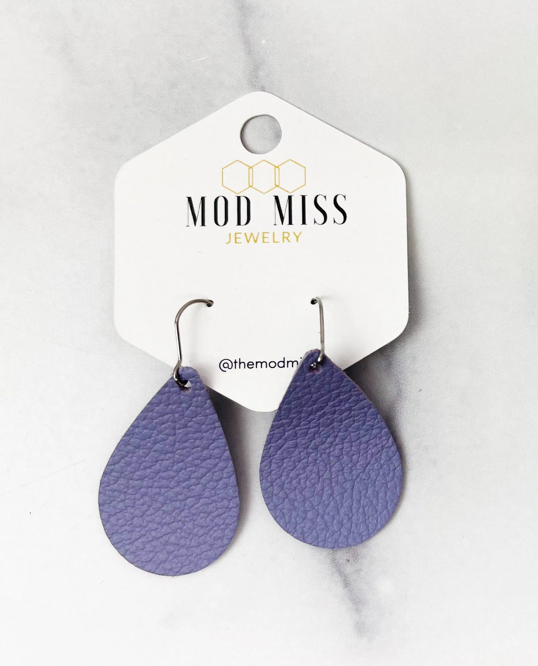 Leather Teardrop Earring Lavender