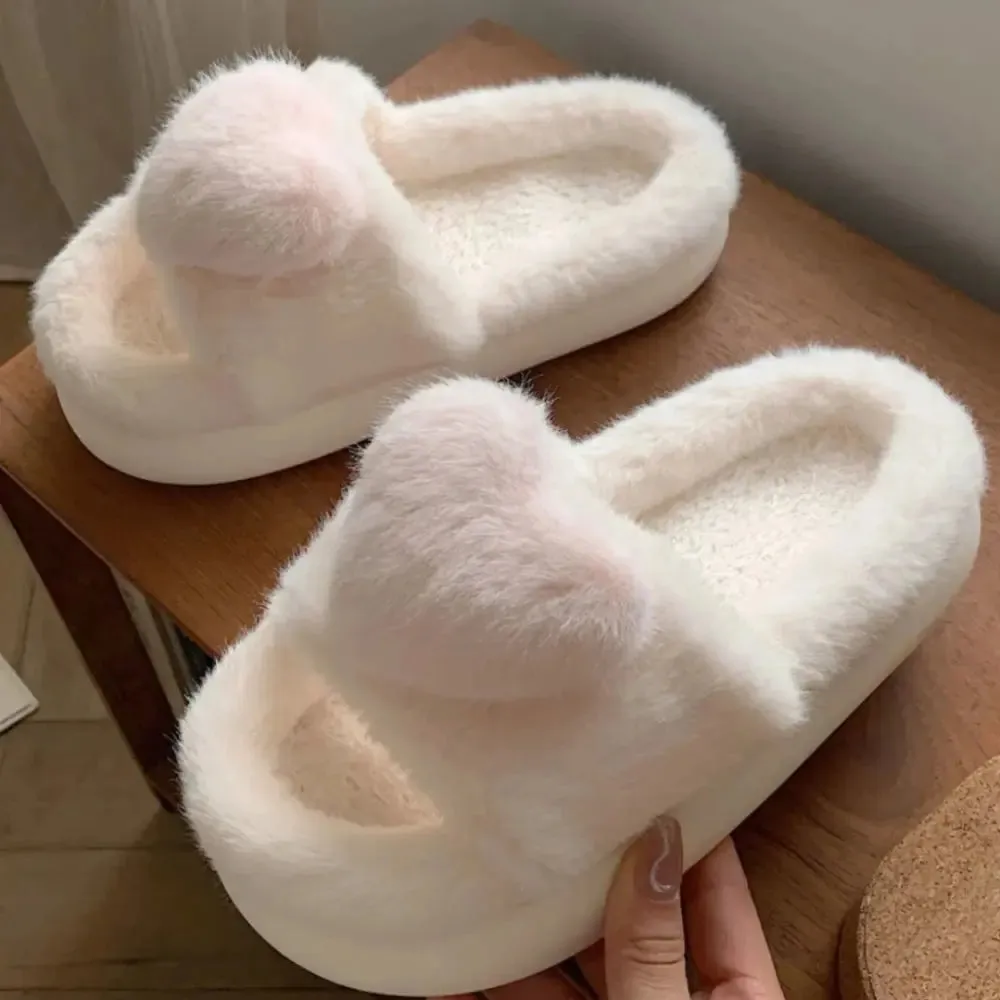 Love Heart Winter Fluffy Home Slippers - Pinkdollz