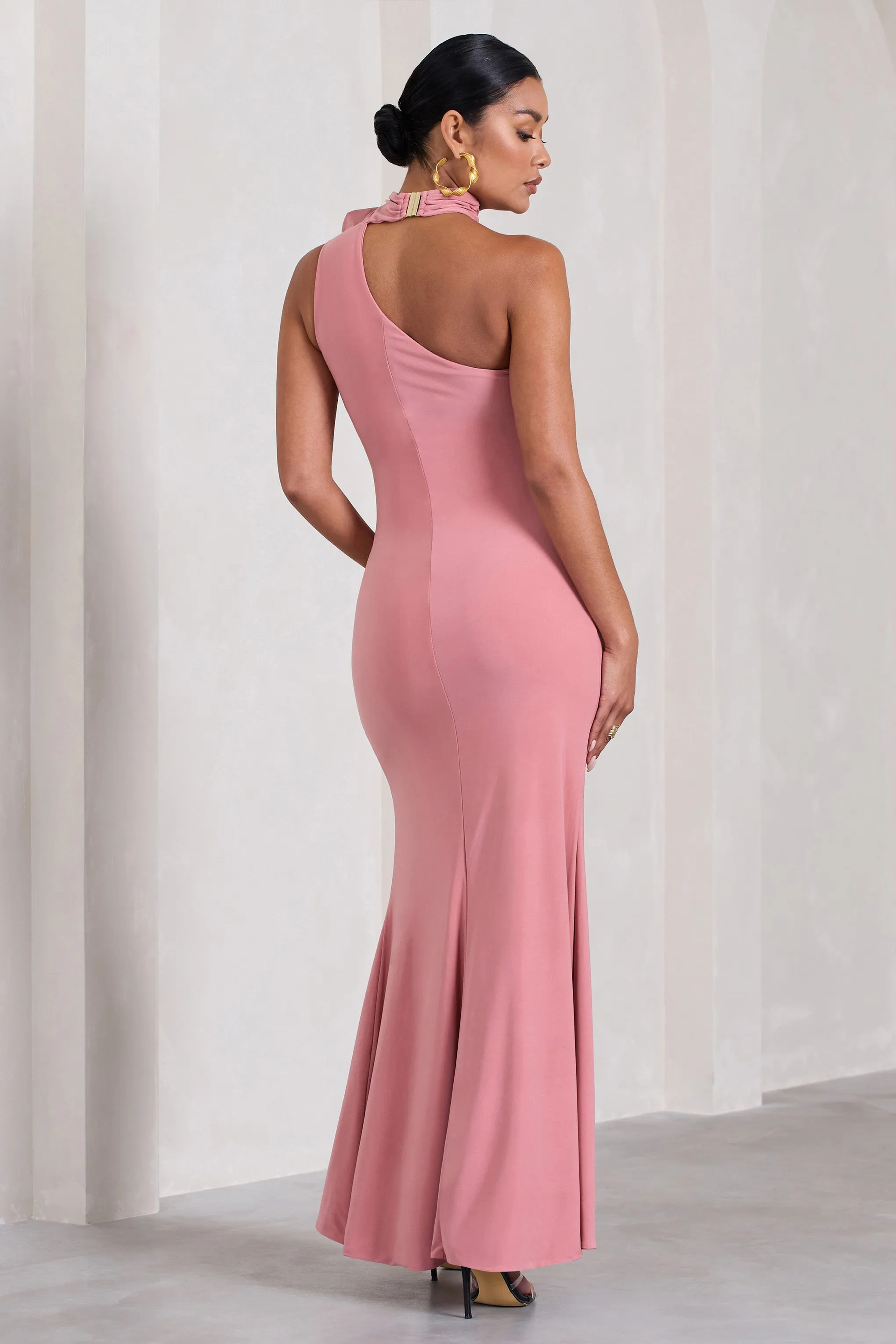 My Promise | Blush Pink Asymmetric Halter Collar Maternity Maxi Dress With Flowers