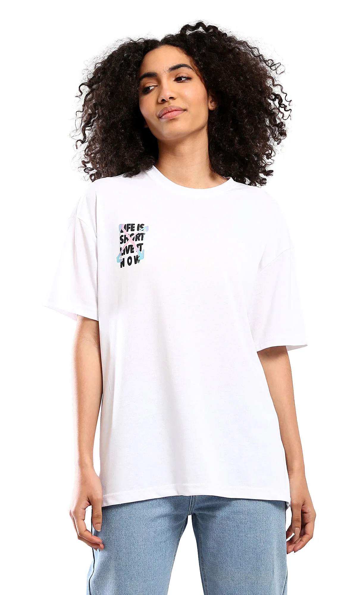 O178407 Slip On Crew Neck Printed White Tee