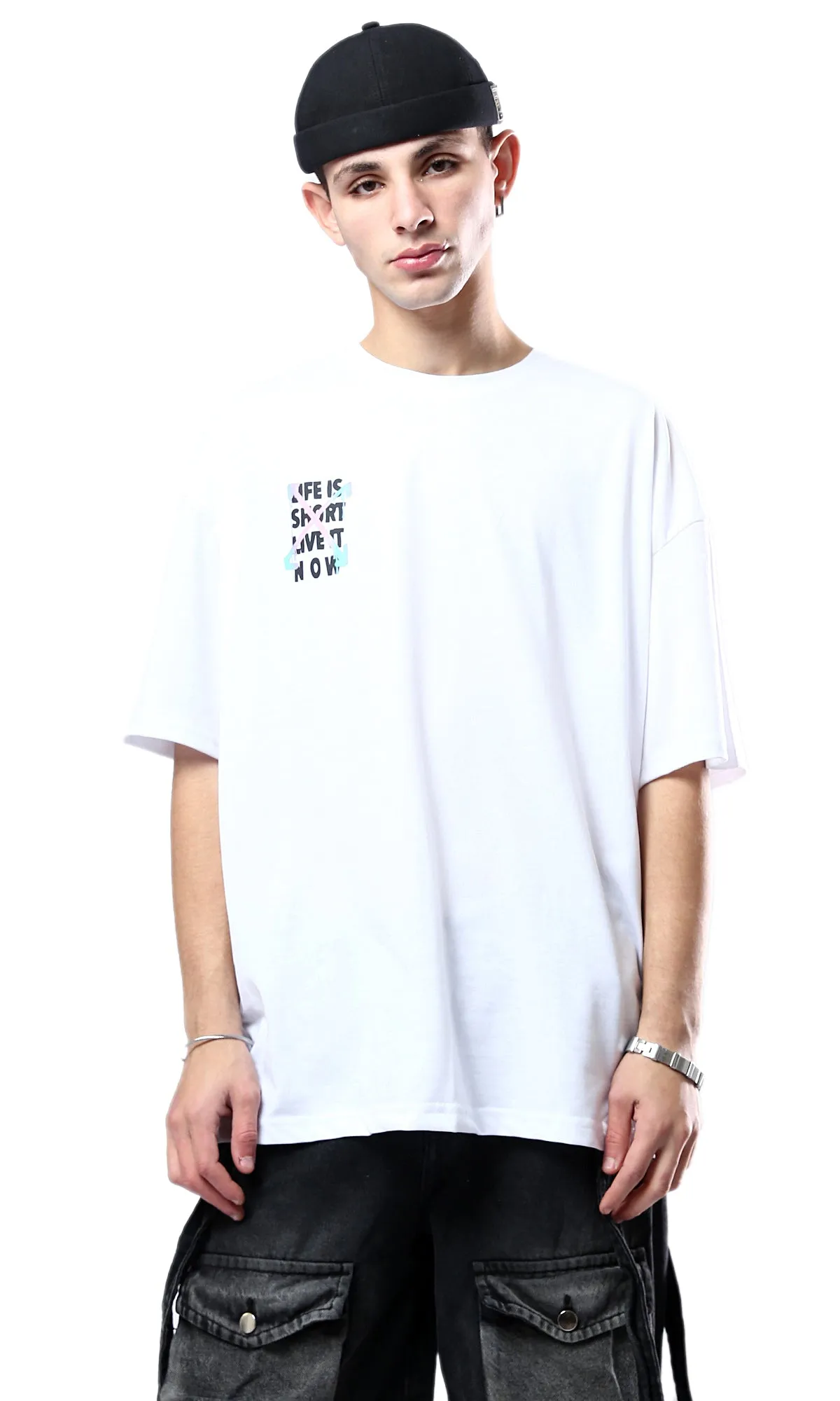 O178407 Slip On Crew Neck Printed White Tee