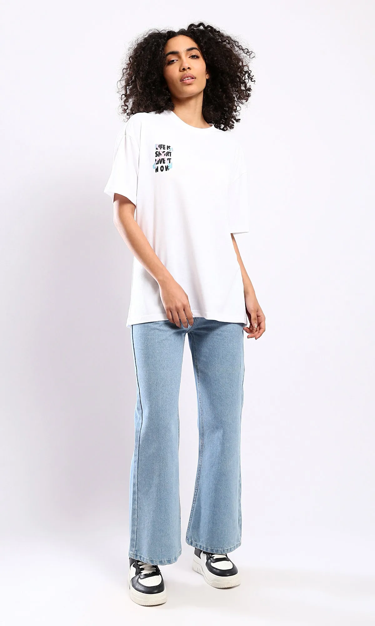 O178407 Slip On Crew Neck Printed White Tee