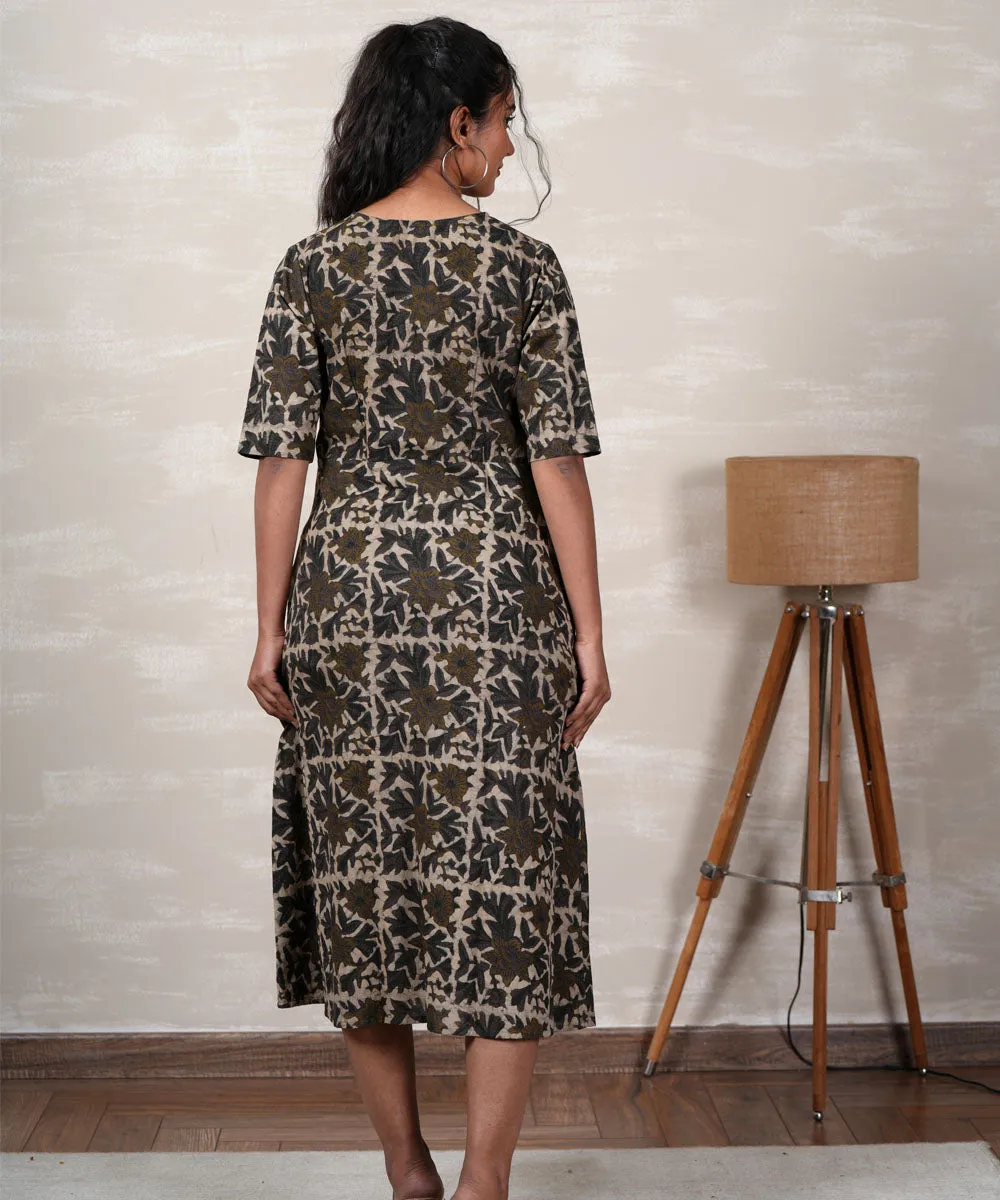 Olive handblock printed cotton dress