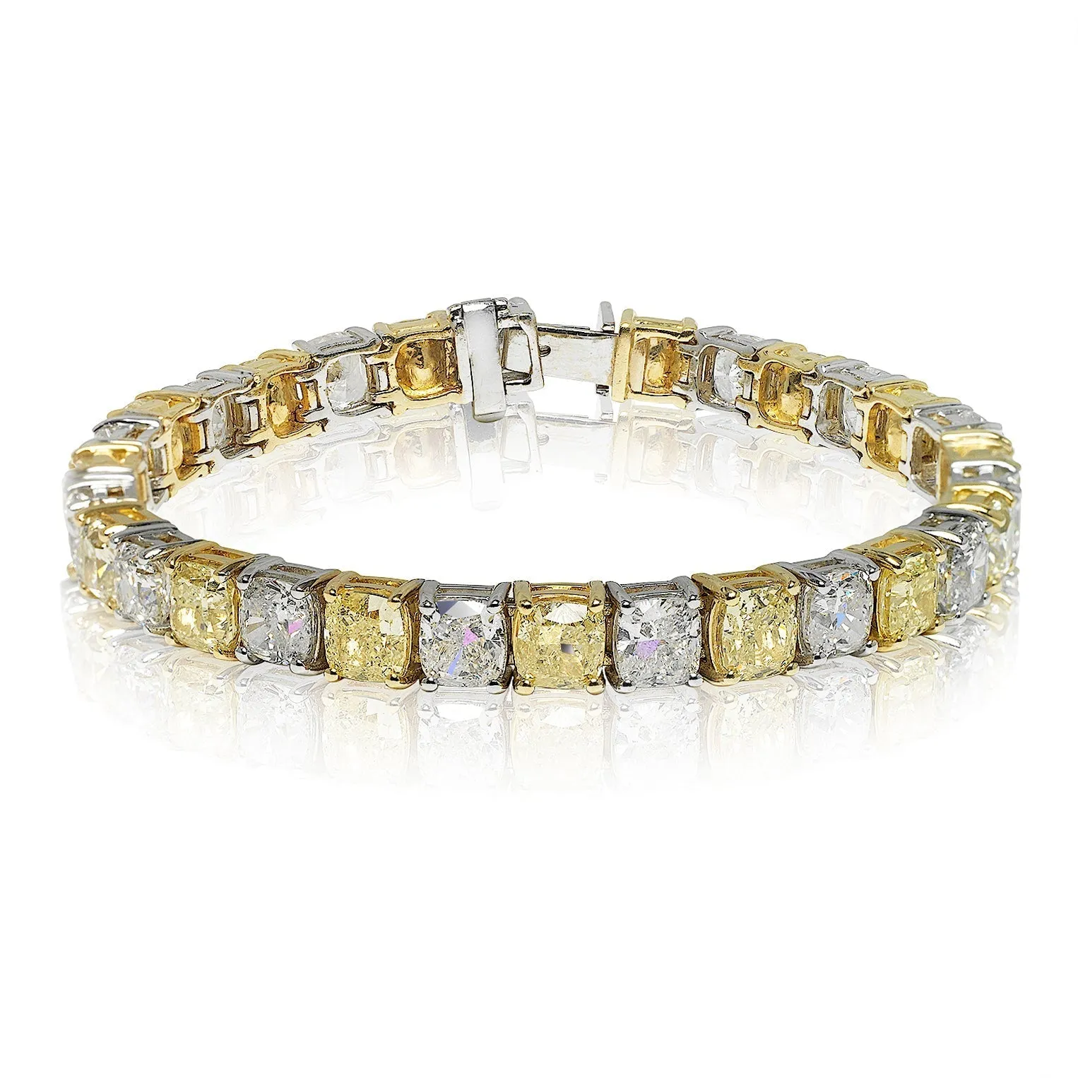 OSAKA 31 Carat Fancy Yellow and E Color Cushion Cut Inline Diamond Tennis Bracelet in 18K Gold By Mike Nekta NYC