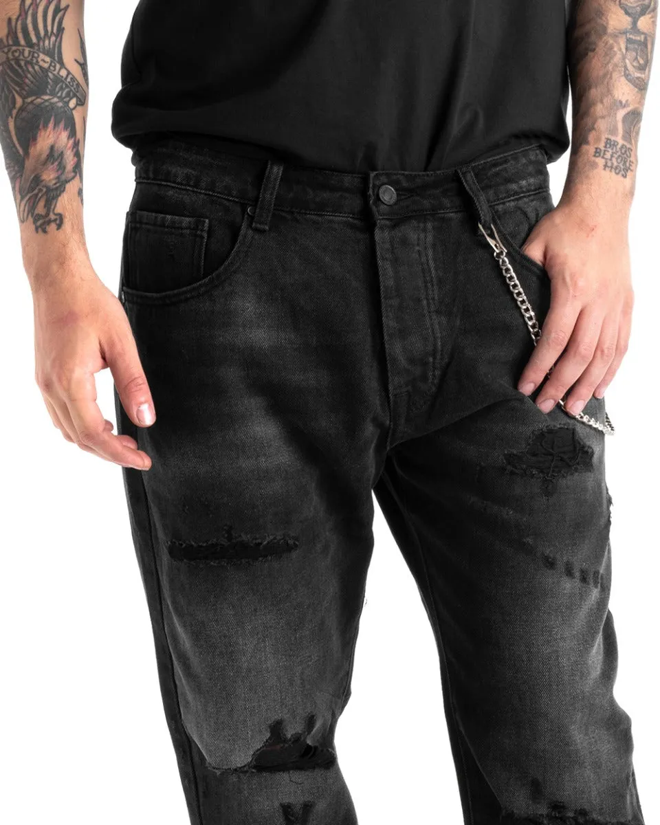 Pantaloni Jeans Uomo Loose Fit Denim Nero Con Rotture Cinque Tasche GIOSAL-P5274A