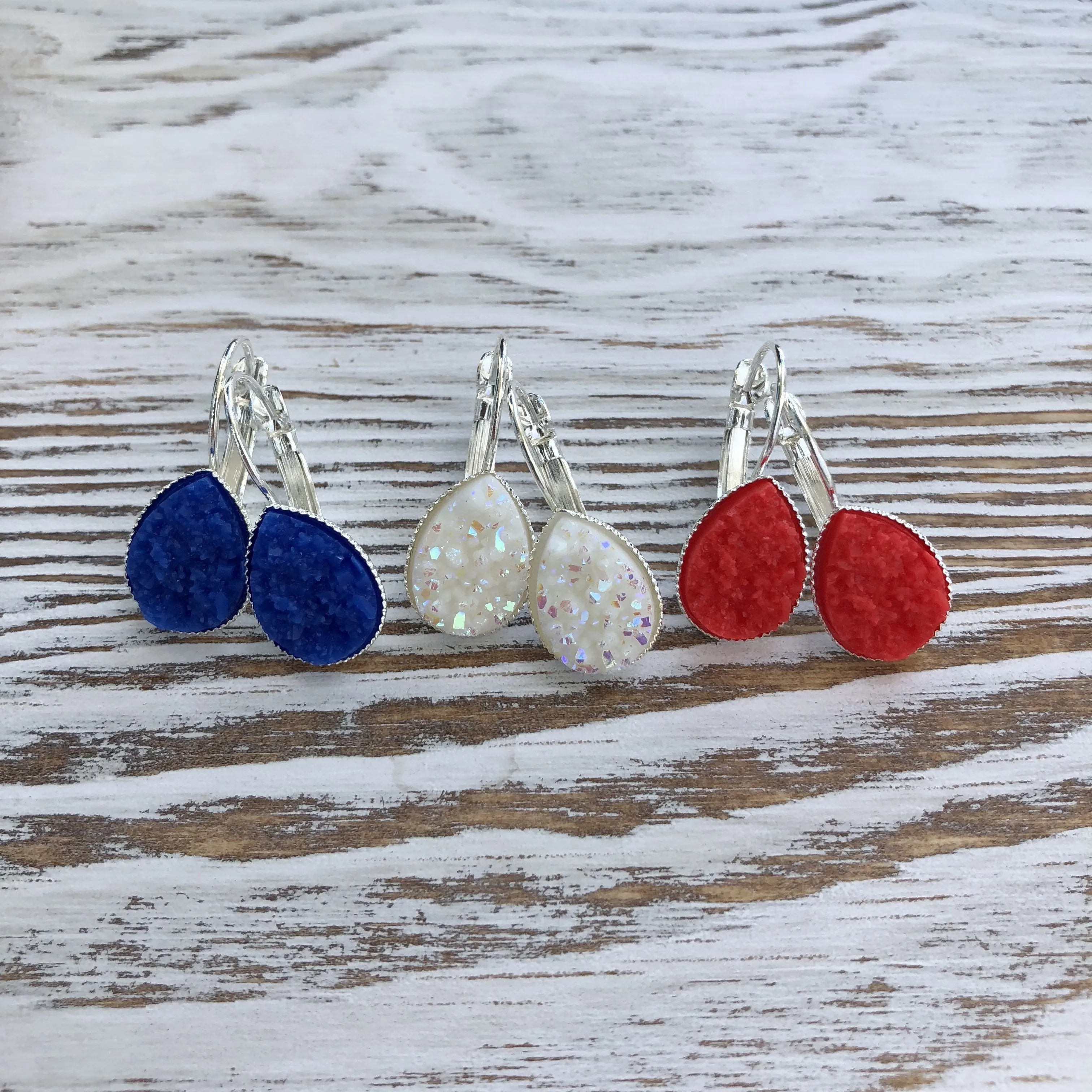 Patriotic 4th of July, Red, White   Blue Druzy Dangly Teardrop