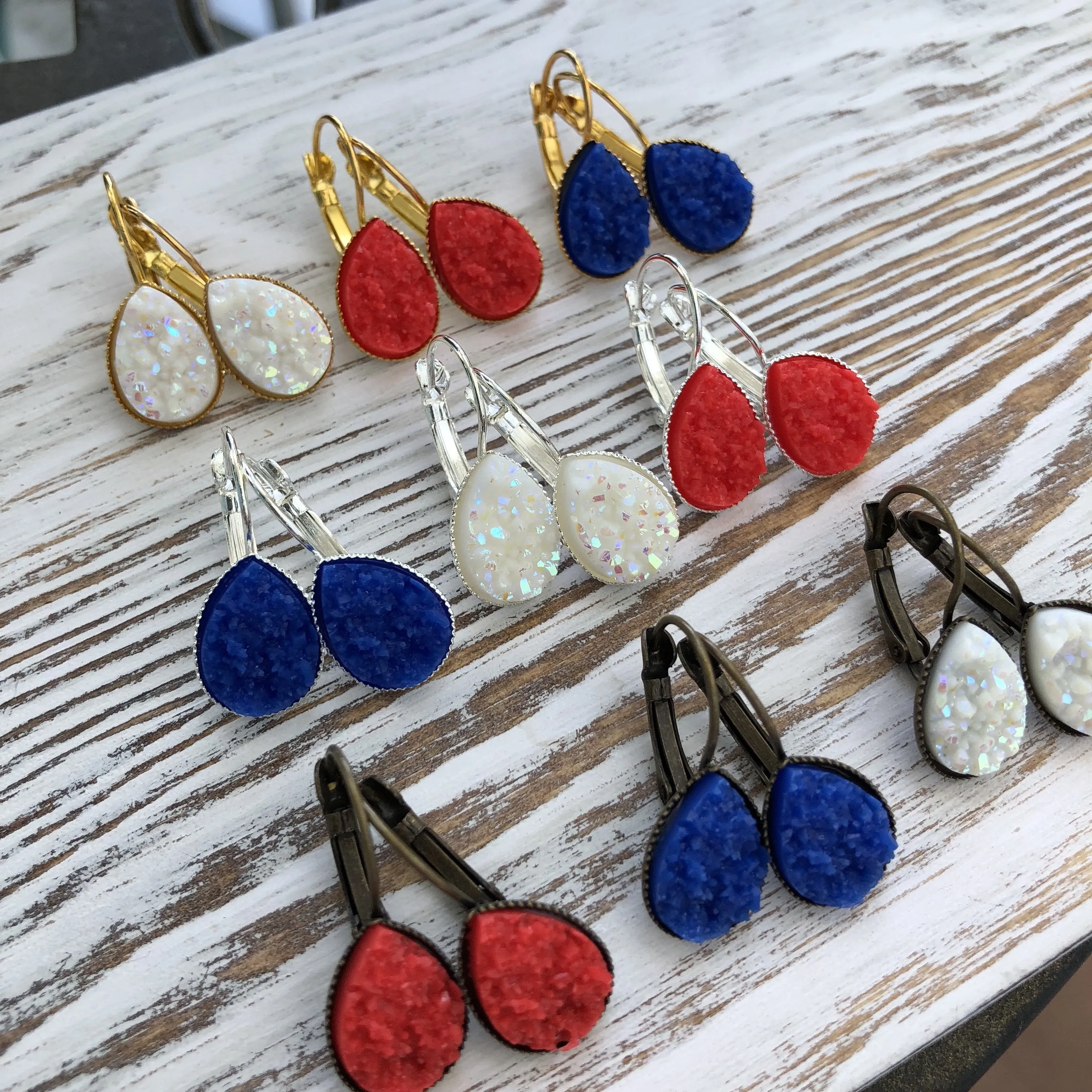 Patriotic 4th of July, Red, White   Blue Druzy Dangly Teardrop