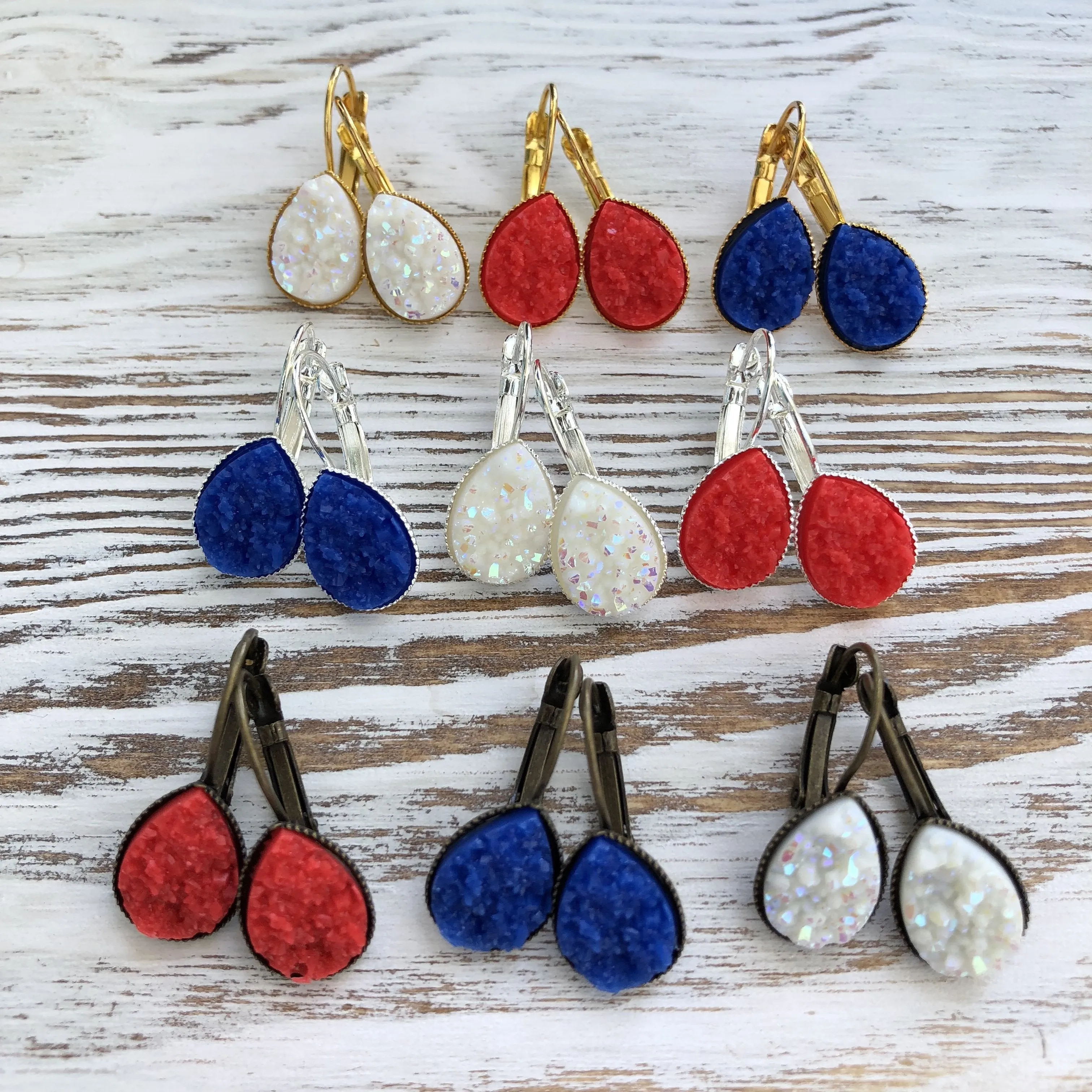 Patriotic 4th of July, Red, White   Blue Druzy Dangly Teardrop