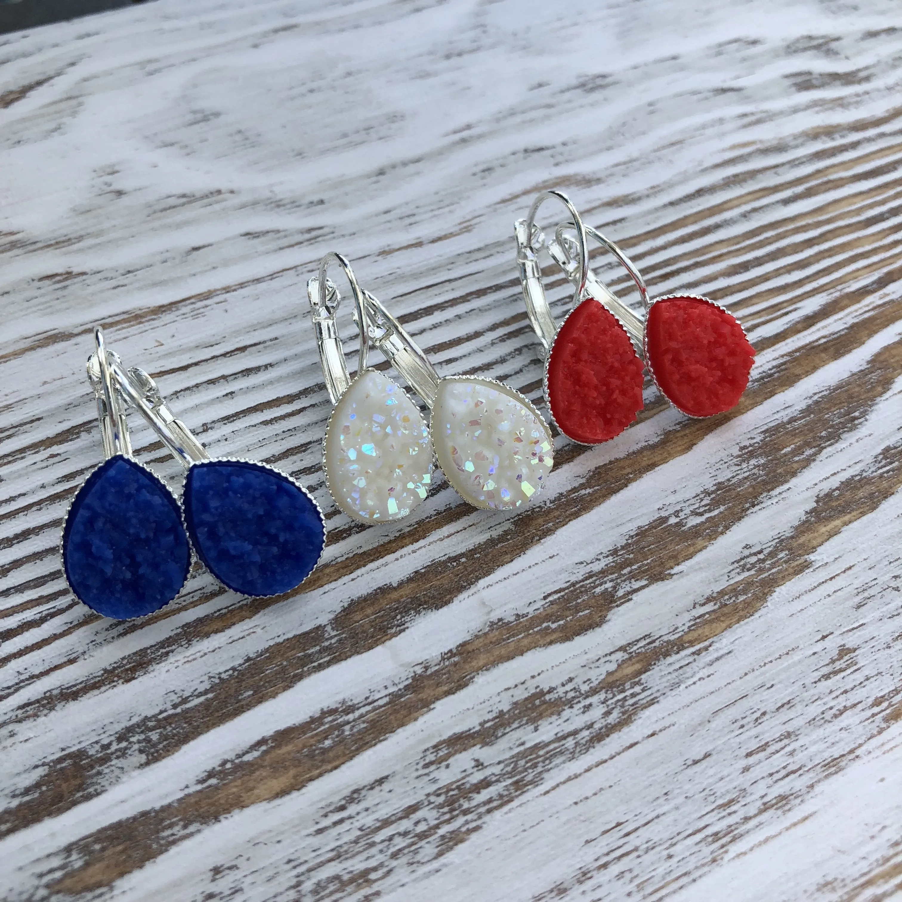 Patriotic 4th of July, Red, White   Blue Druzy Dangly Teardrop