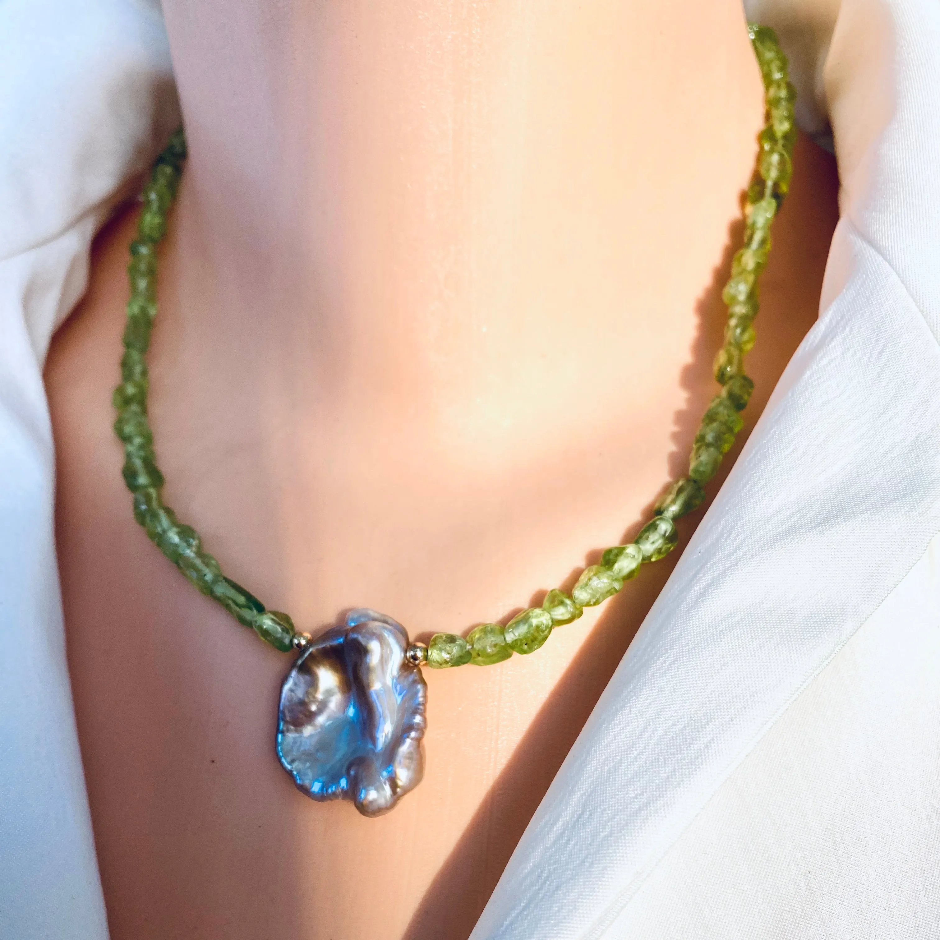 Peridot and Baroque Pearl Necklace, August Birthstone Necklace, Olivine Green Peridot Jewelry, Gold Filled, 17inches