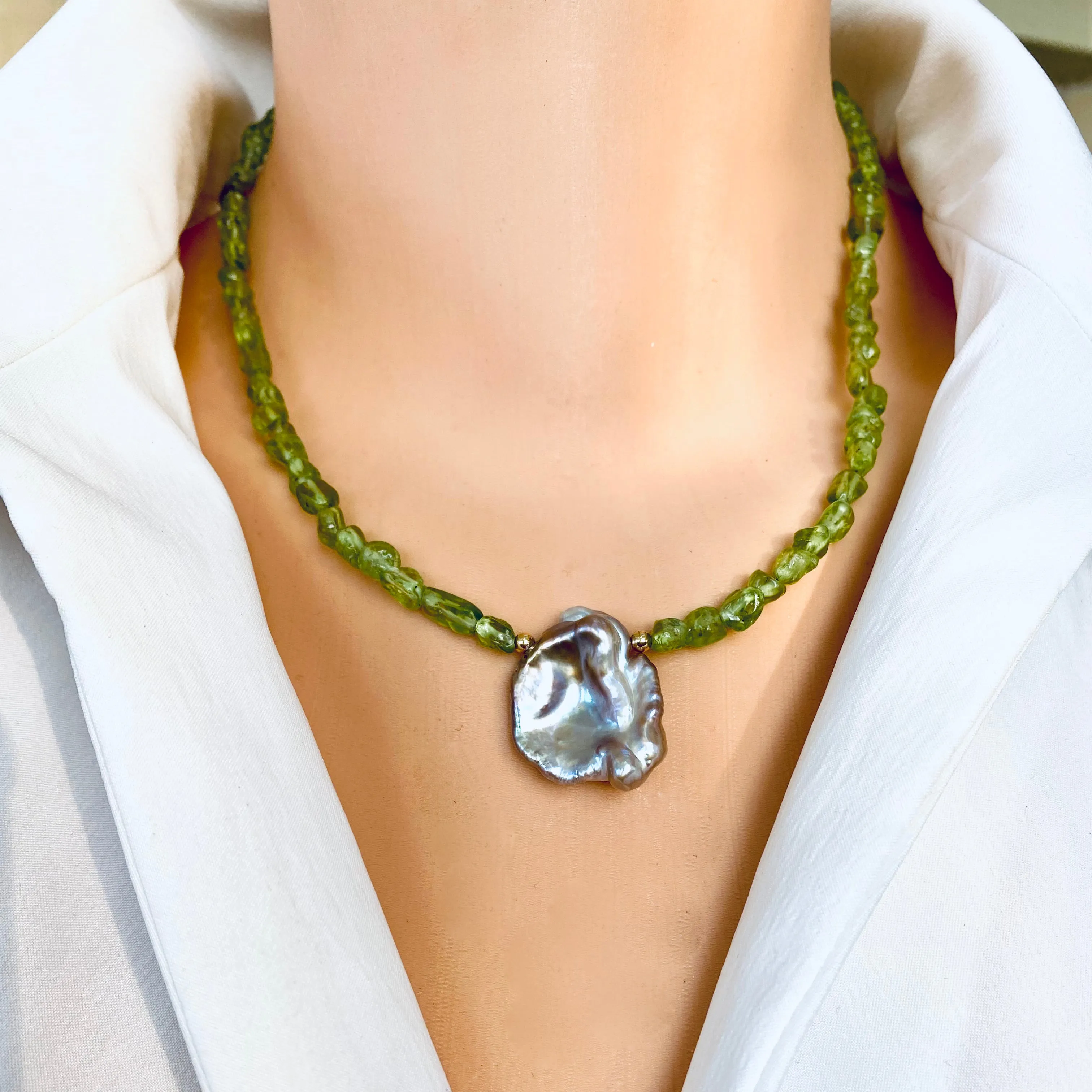 Peridot and Baroque Pearl Necklace, August Birthstone Necklace, Olivine Green Peridot Jewelry, Gold Filled, 17inches