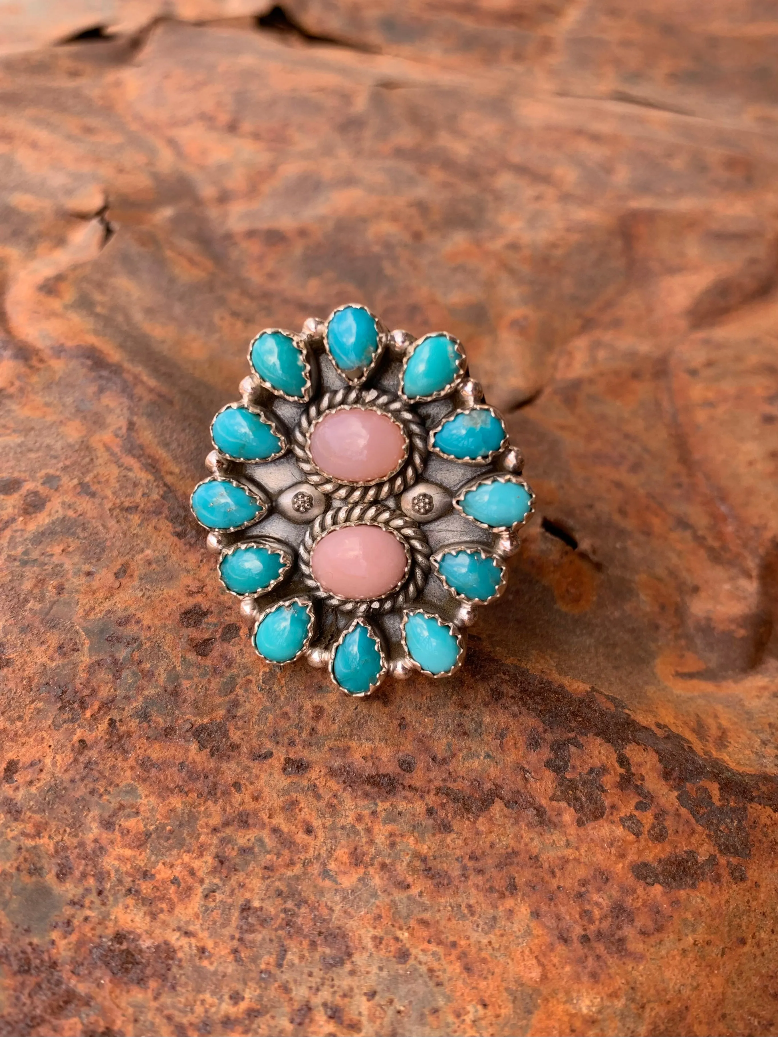 Pink Opal & Turquoise Adjustable ring