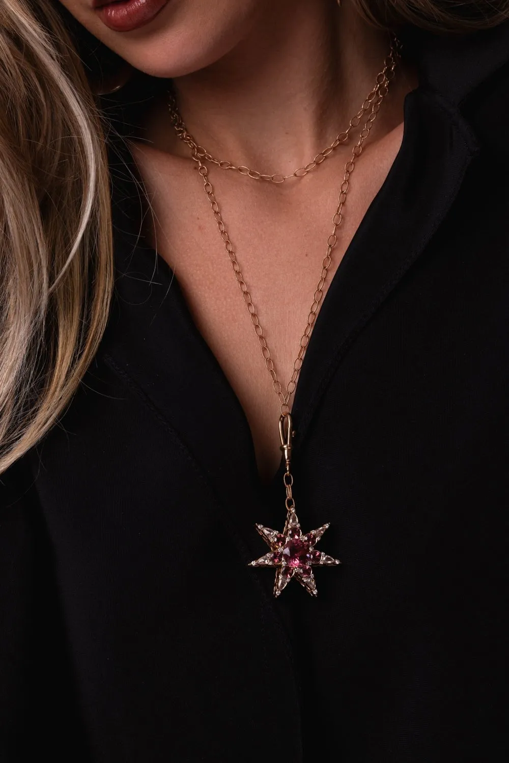 Pink Tourmaline Diamond Star Pendant Necklace