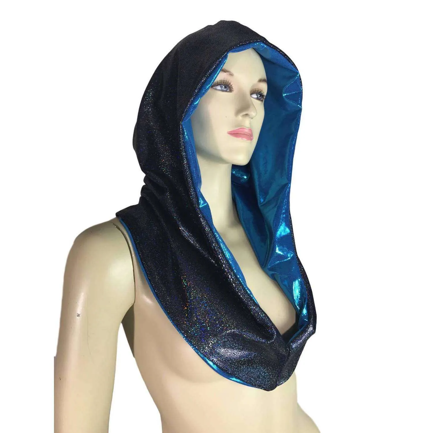 Reversible Black & Blue Holographic Rave Hood