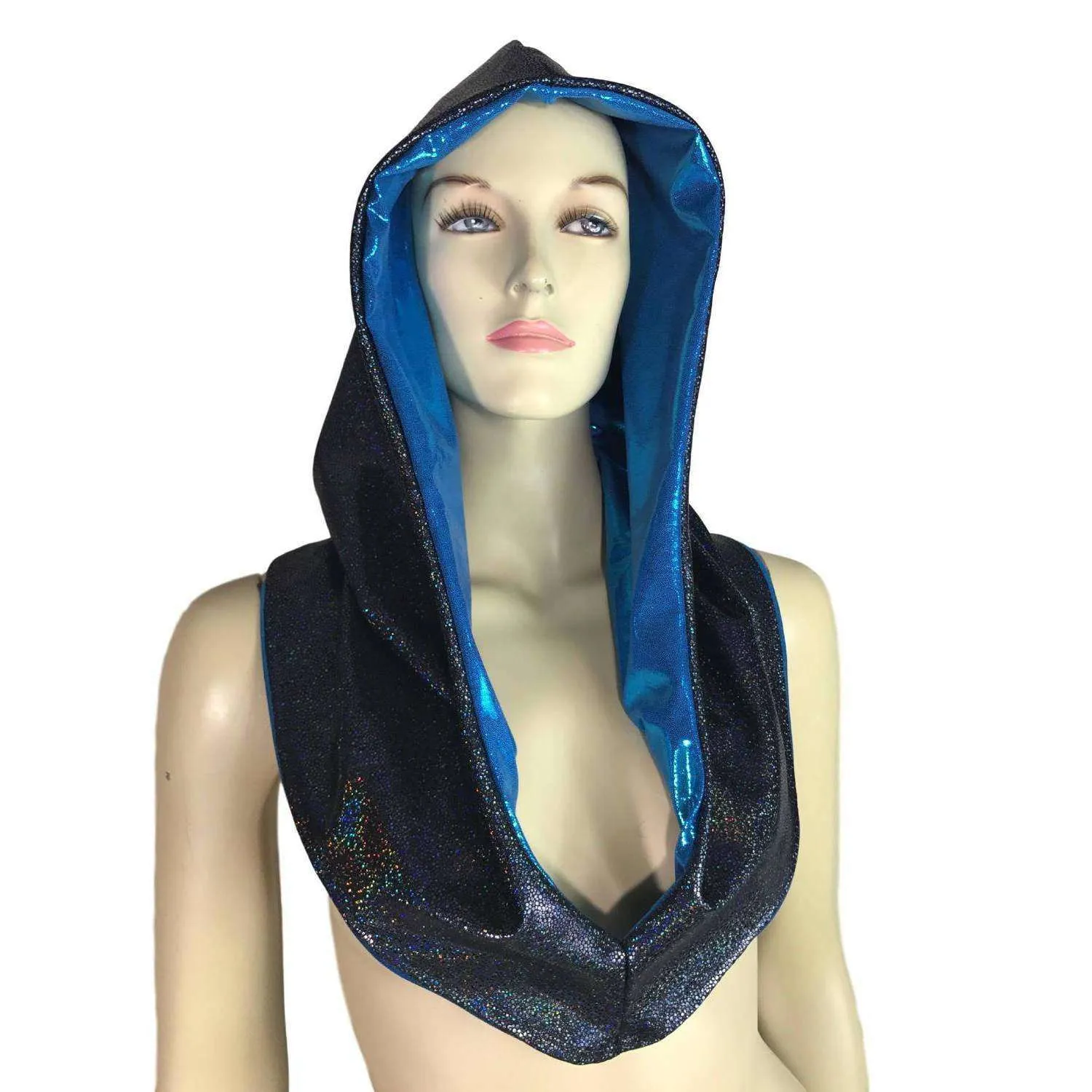 Reversible Black & Blue Holographic Rave Hood