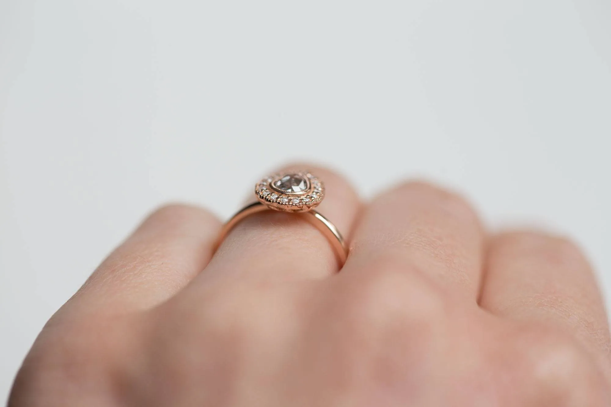 Rose Gold Pear Rosecut Diamond Antique Style Engagement Ring - Milgrain detail scalloped diamond halo with bezel set pear by Anueva Jewelry