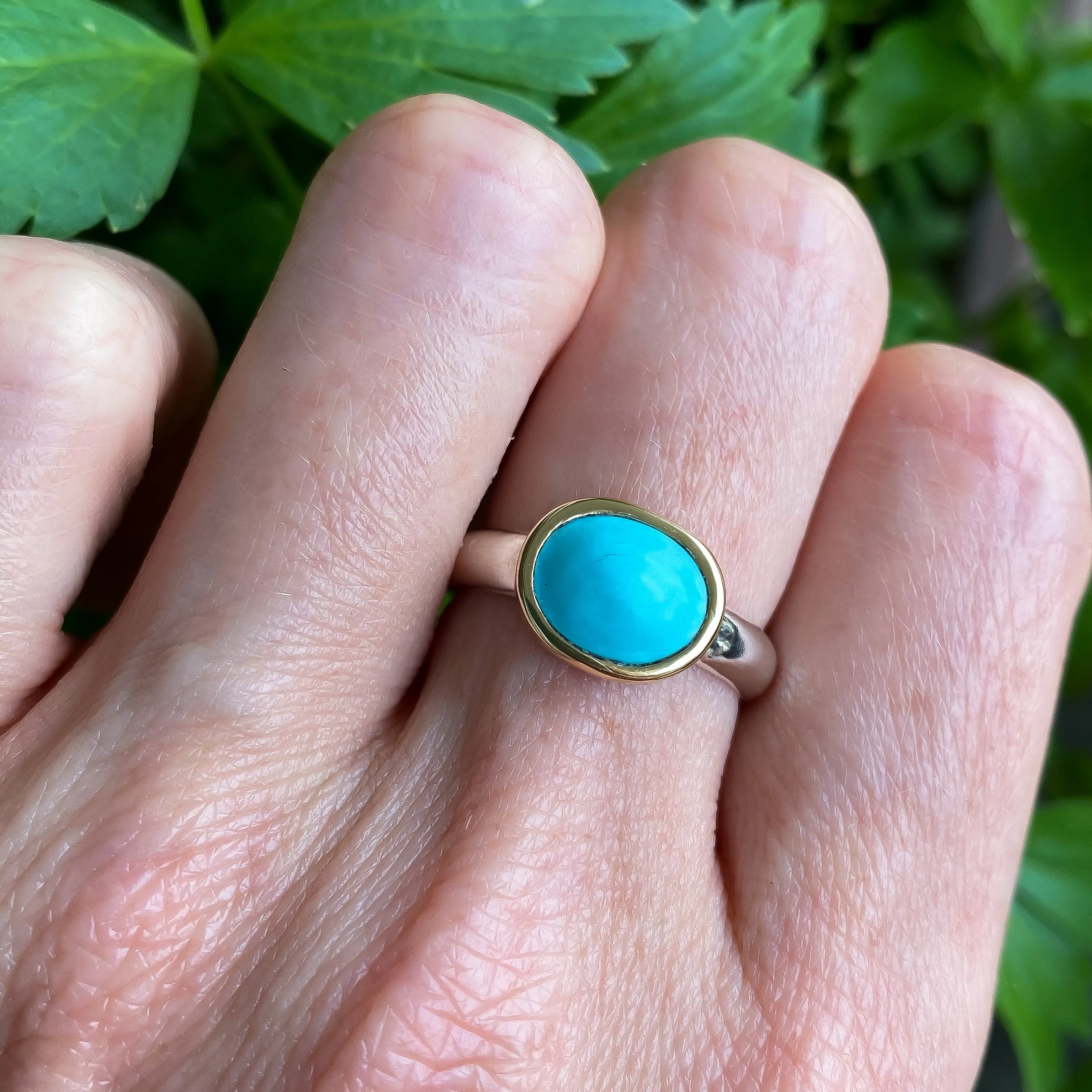 Sleeping Beauty Turquoise 14k Gold & Sterling Silver Ring Size 6.75-7.75US