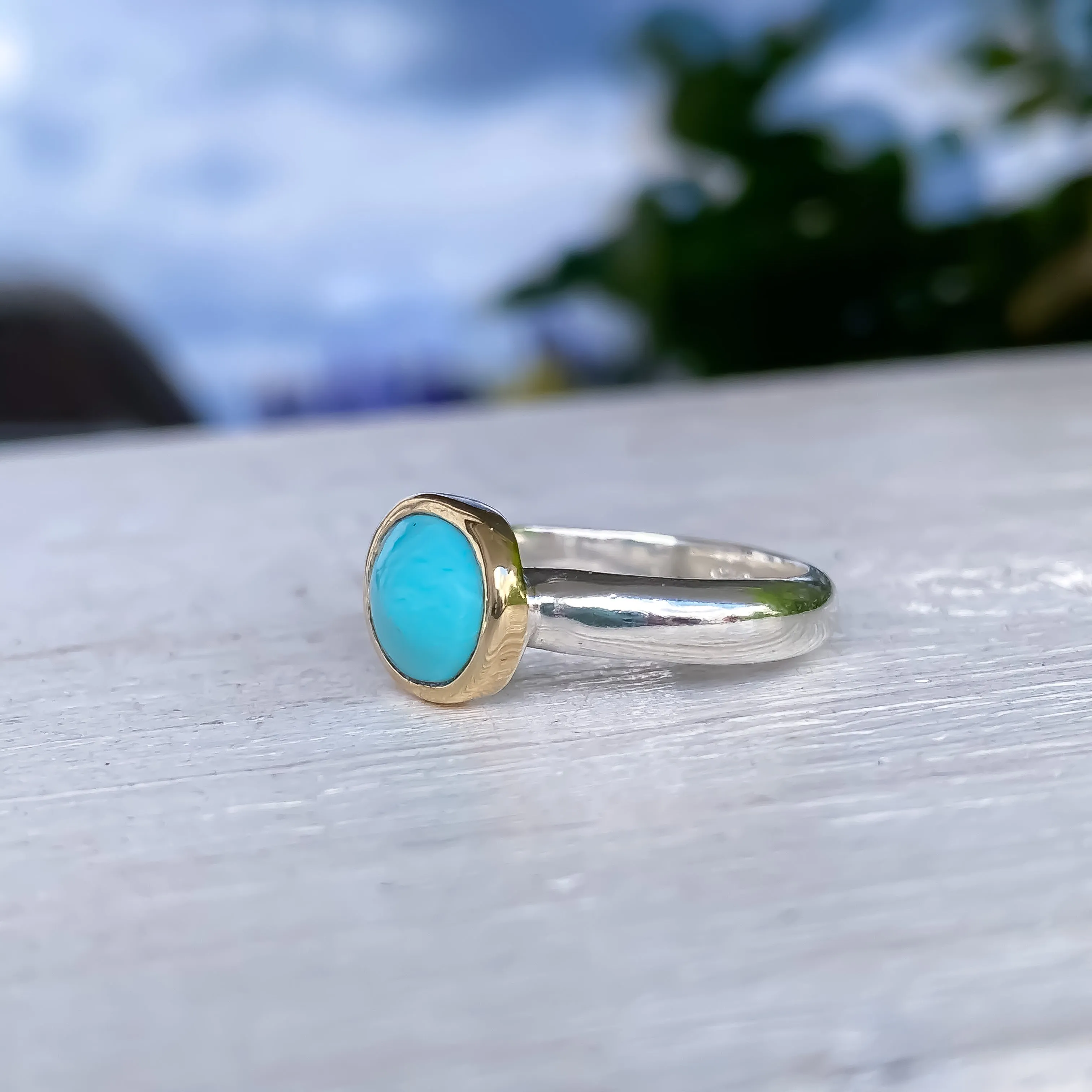 Sleeping Beauty Turquoise 14k Gold & Sterling Silver Ring Size 6.75-7.75US