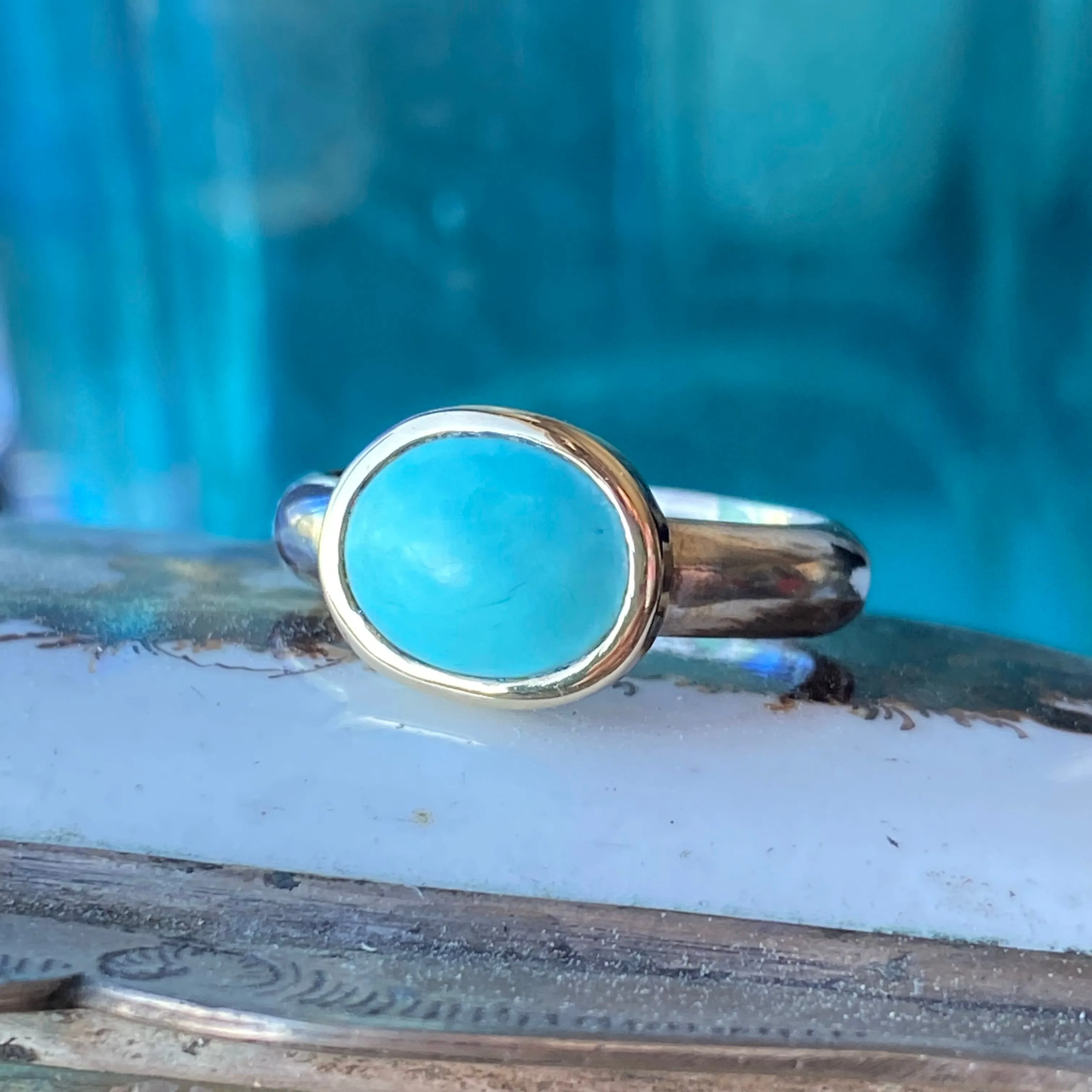 Sleeping Beauty Turquoise 14k Gold & Sterling Silver Ring Size 6.75-7.75US