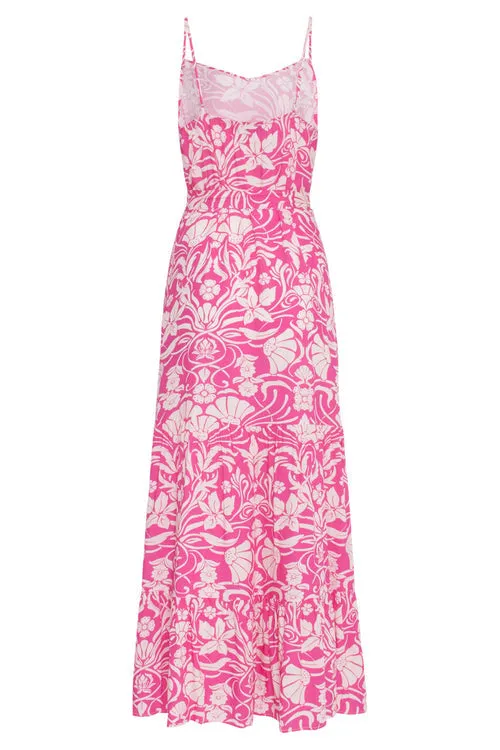 Smashed Lemon Fuchsia Floral Spaghetti Strap Maxi Dress