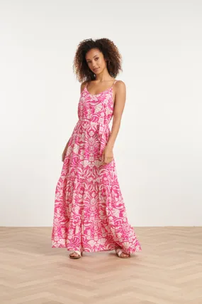 Smashed Lemon Fuchsia Floral Spaghetti Strap Maxi Dress