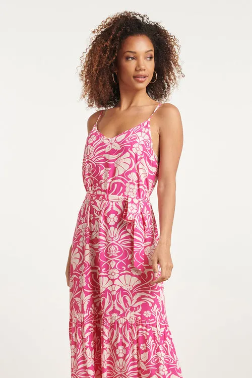 Smashed Lemon Fuchsia Floral Spaghetti Strap Maxi Dress