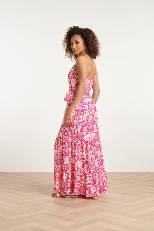 Smashed Lemon Fuchsia Floral Spaghetti Strap Maxi Dress