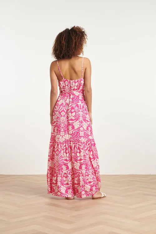 Smashed Lemon Fuchsia Floral Spaghetti Strap Maxi Dress