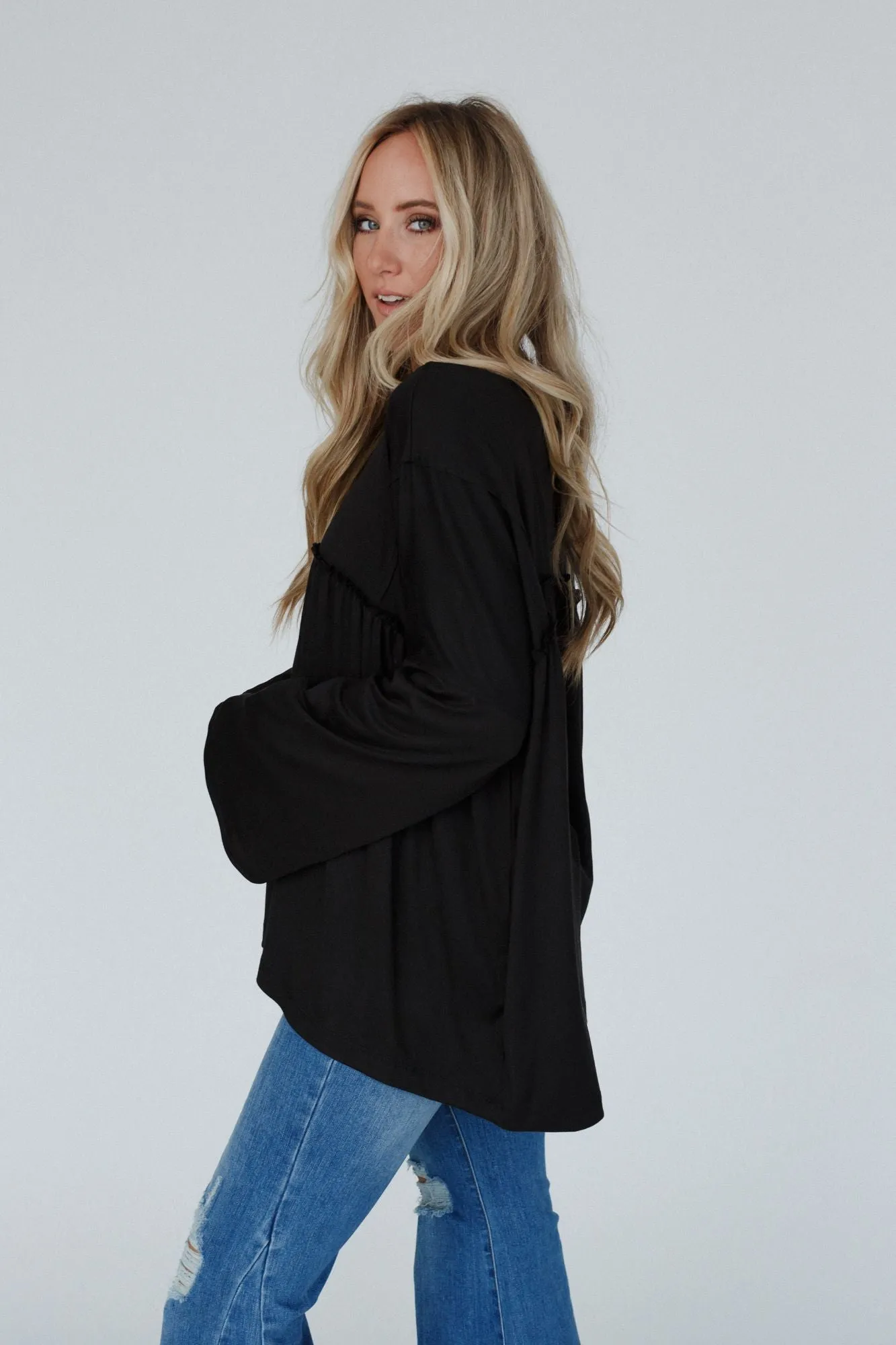 Solid Serenity Long Sleeve Babydoll Top - Black