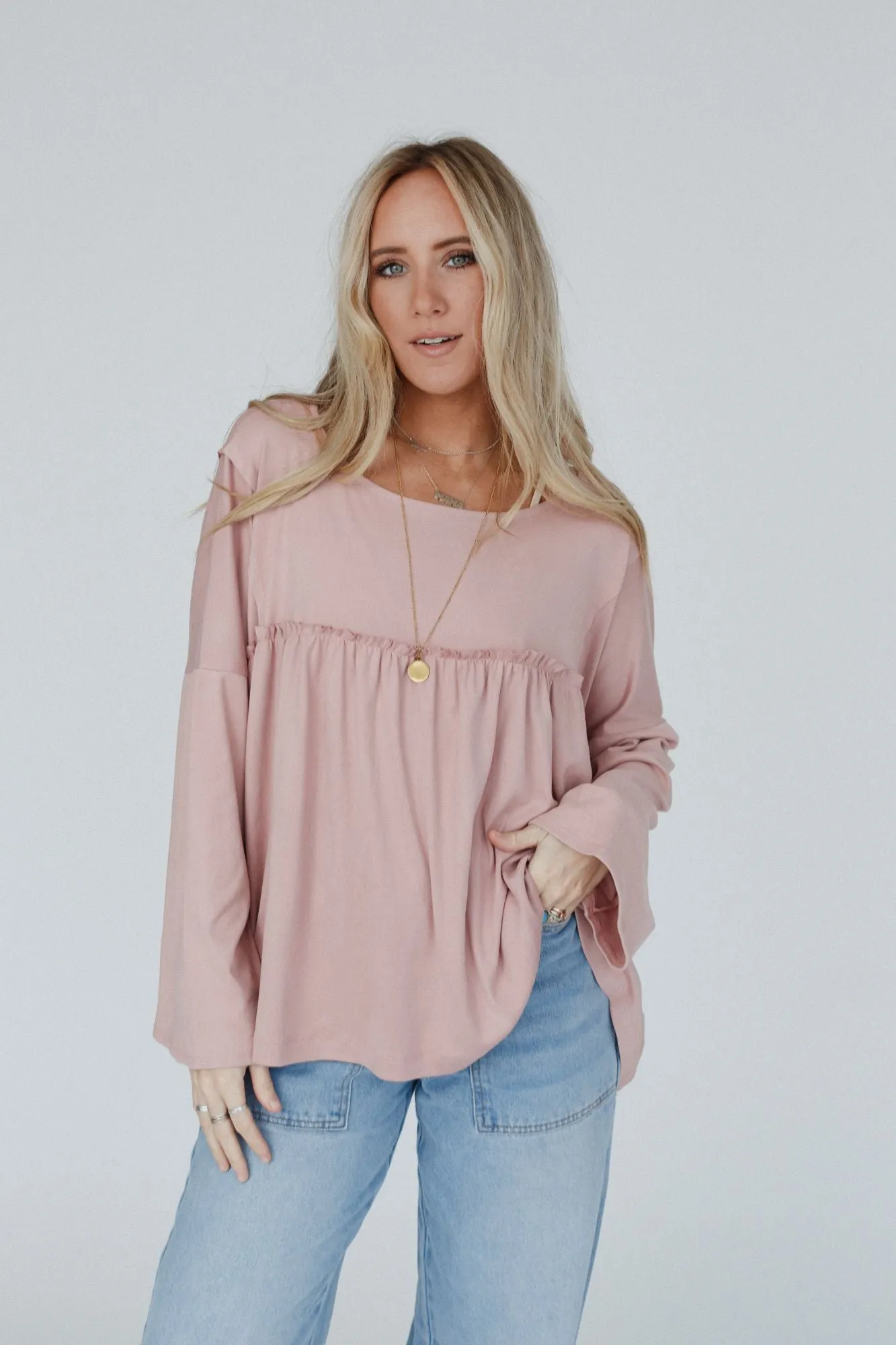 Solid Serenity Long Sleeve Babydoll Top - Mauve Dusty