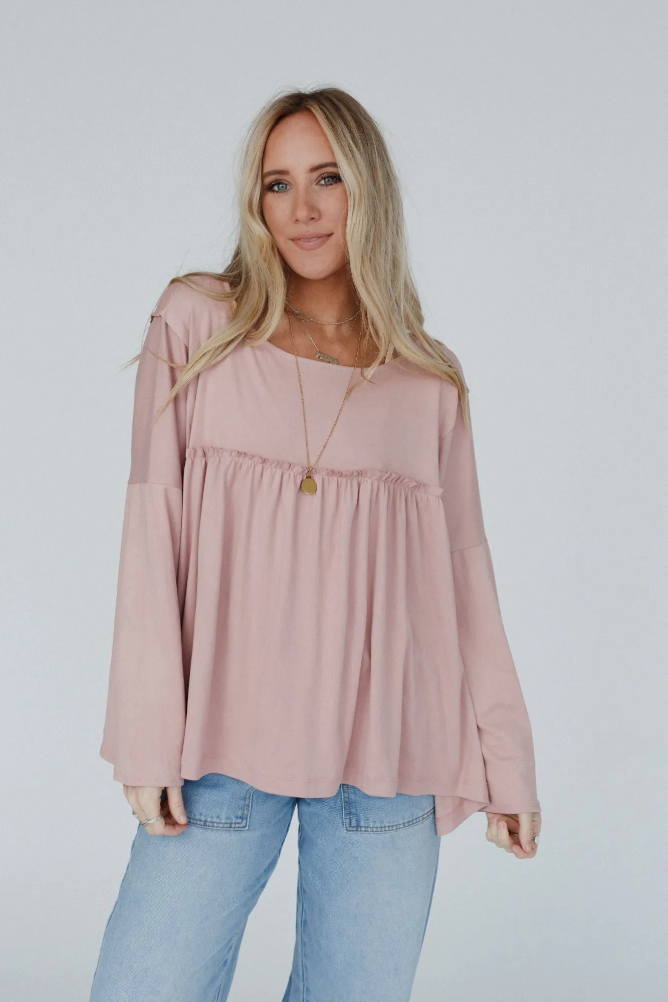 Solid Serenity Long Sleeve Babydoll Top - Mauve Dusty