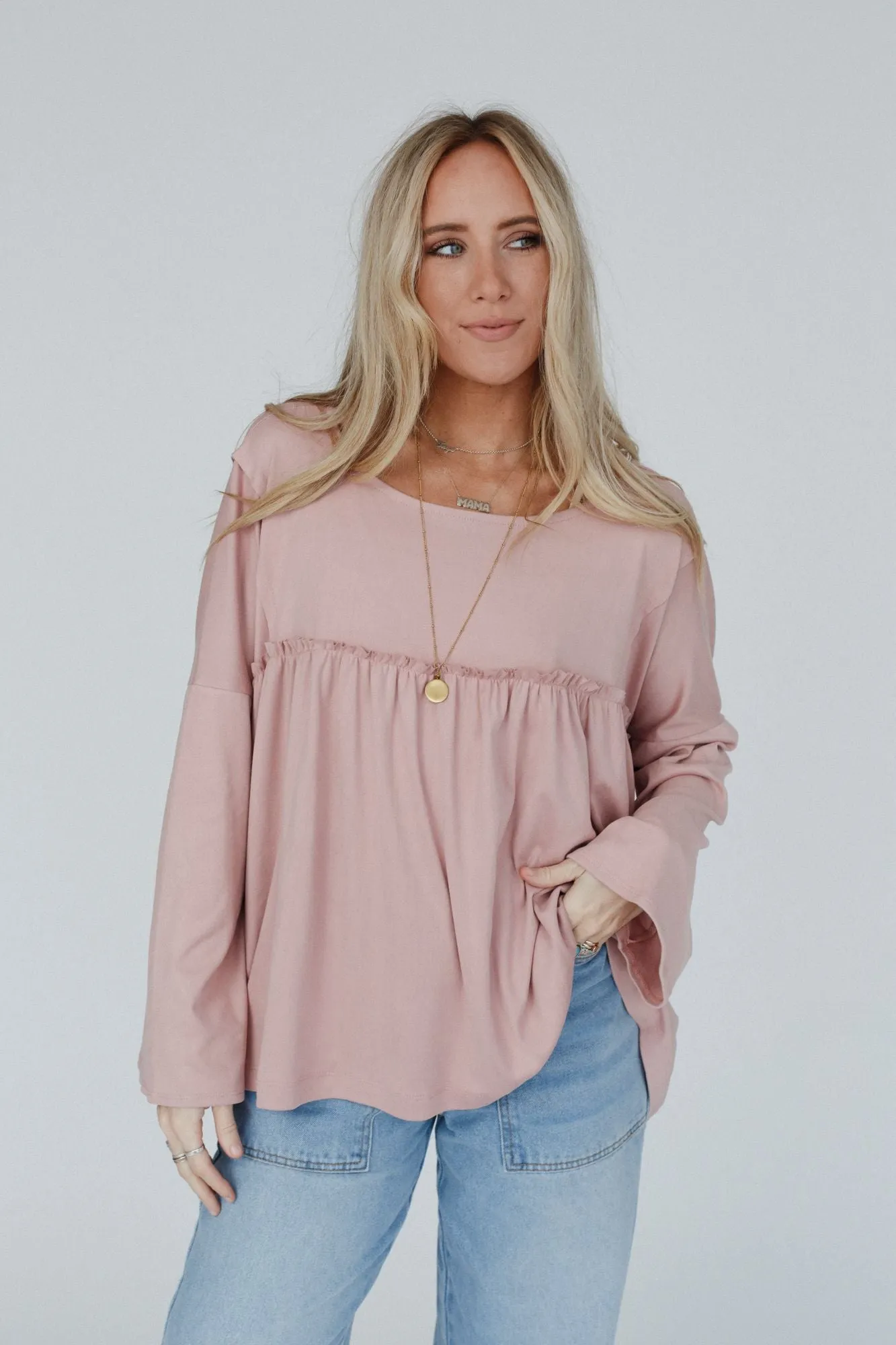 Solid Serenity Long Sleeve Babydoll Top - Mauve Dusty